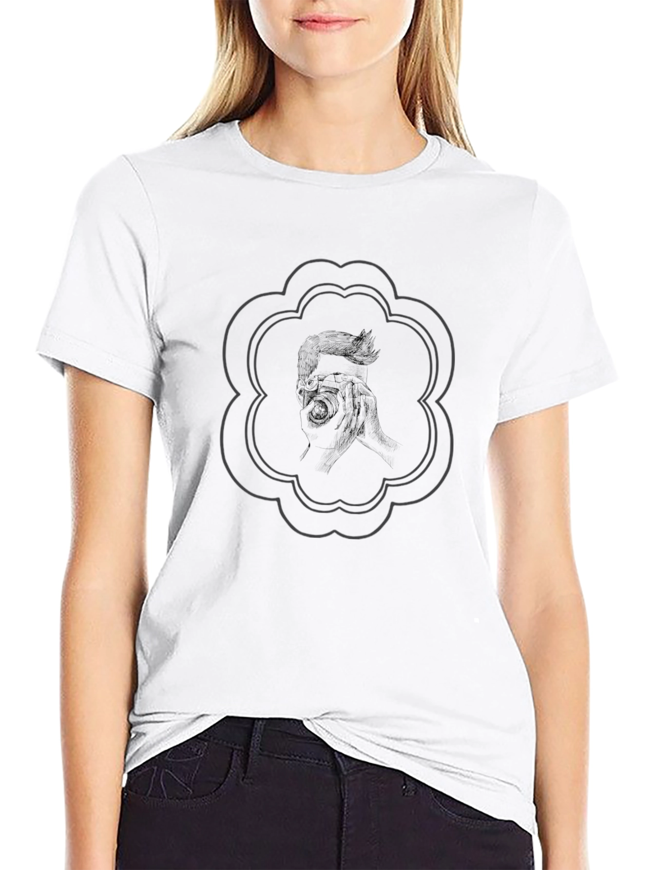Stylish Black Tee with Camera Illustration