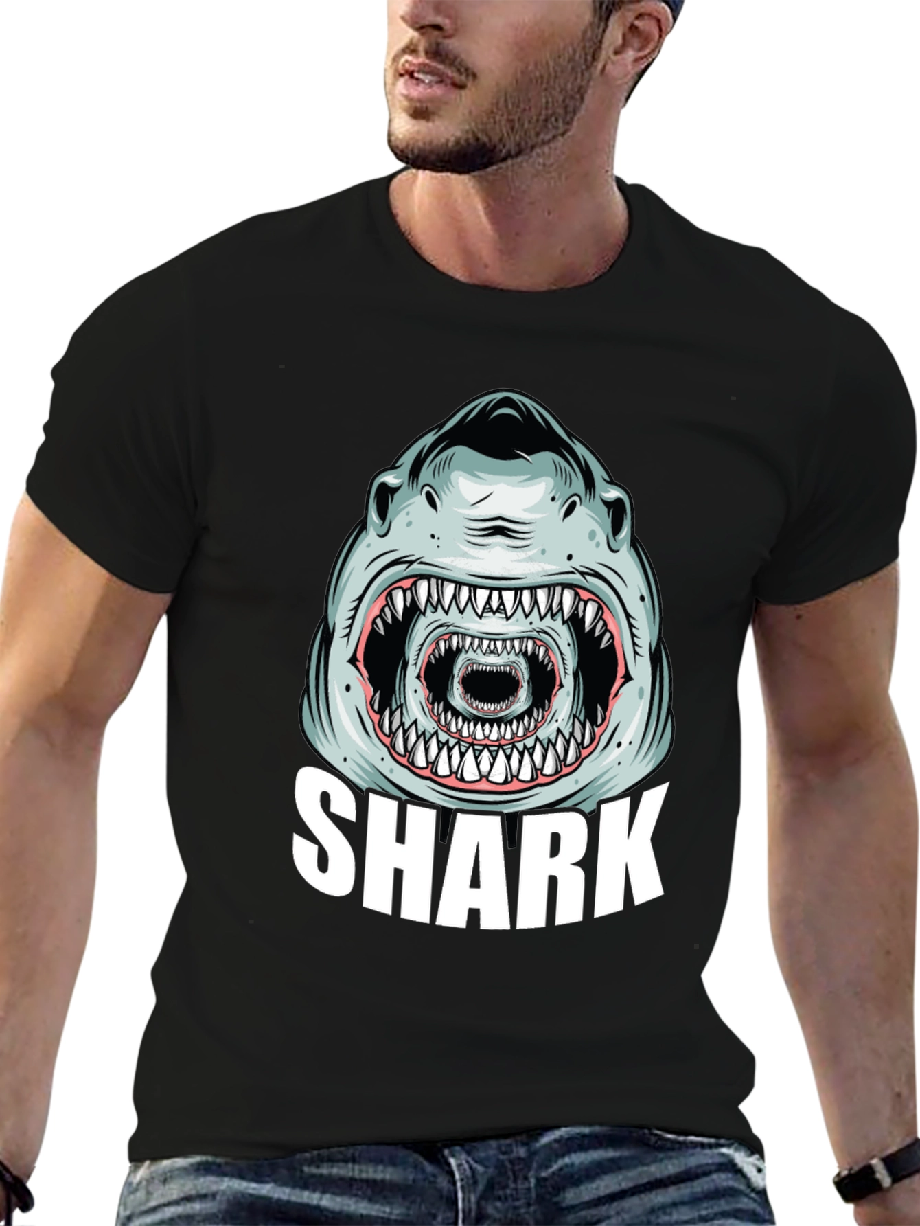 Shark Graphic Tee - Mens Black Cotton T-Shirt