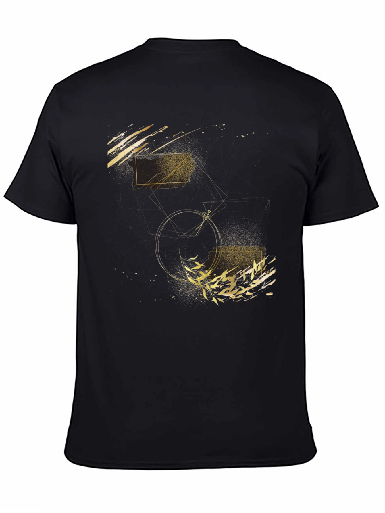 Abstract Geometric Gold Print Black T-Shirt