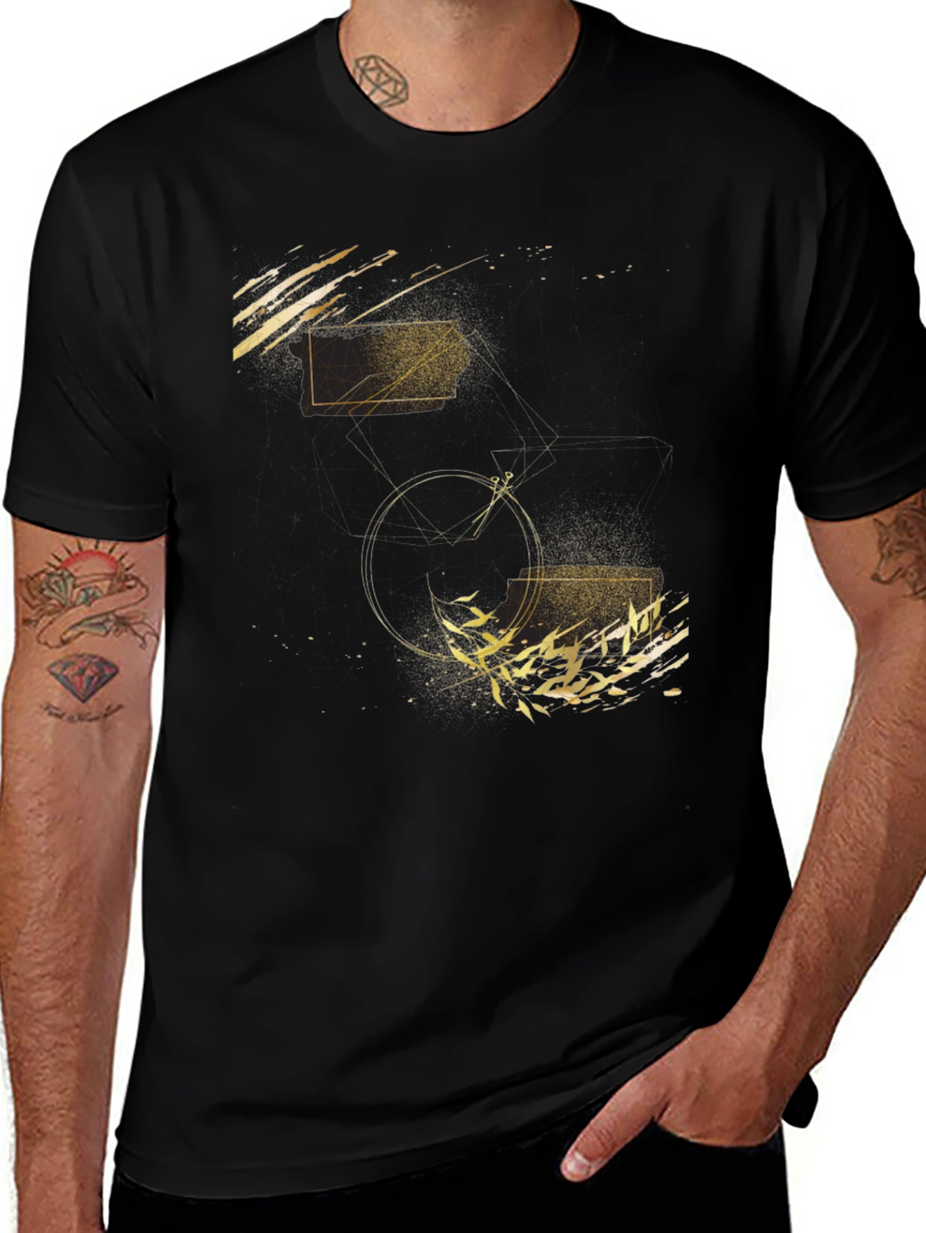 Abstract Geometric Gold Print Black T-Shirt