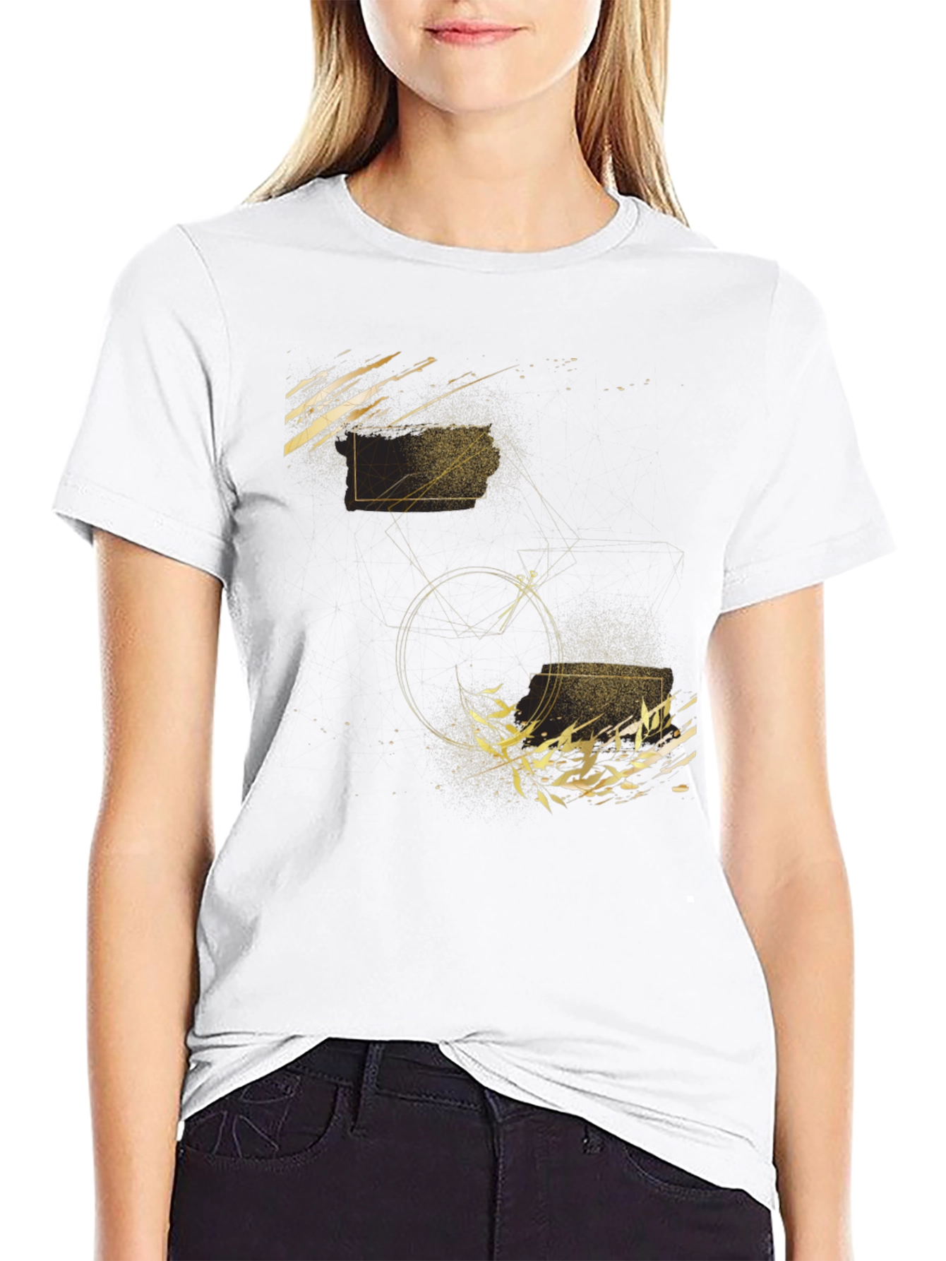 Abstract Geometric Gold Print Black T-Shirt