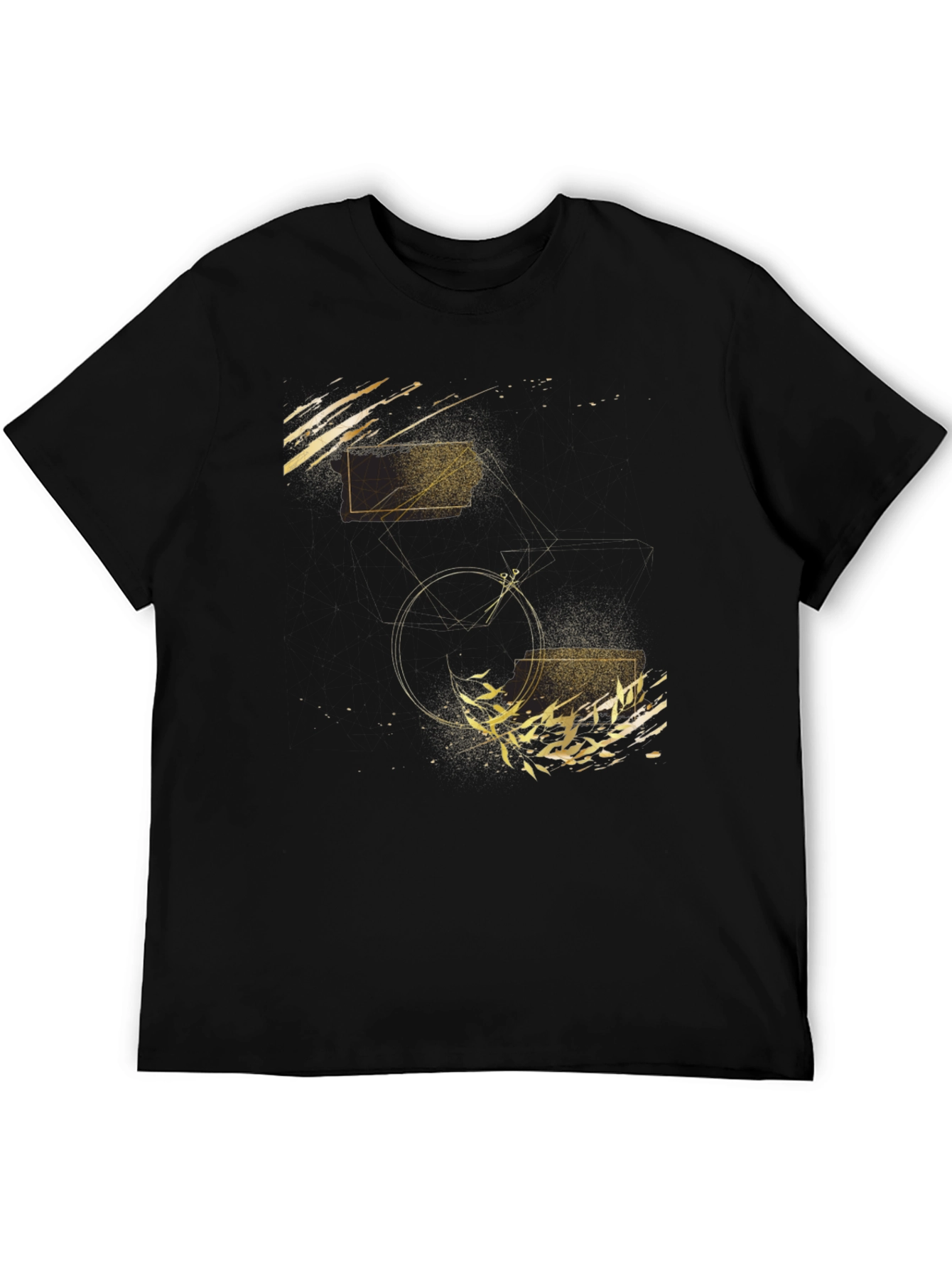 Abstract Geometric Gold Print Black T-Shirt