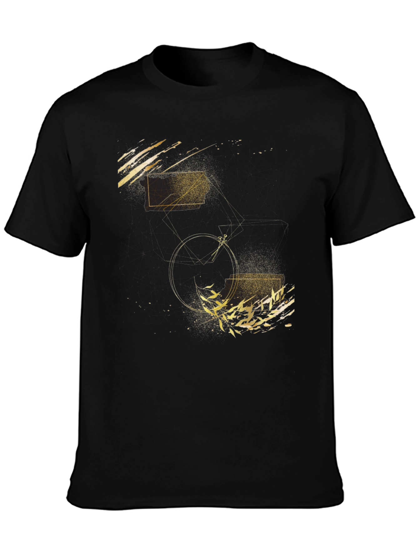 Abstract Geometric Gold Print Black T-Shirt
