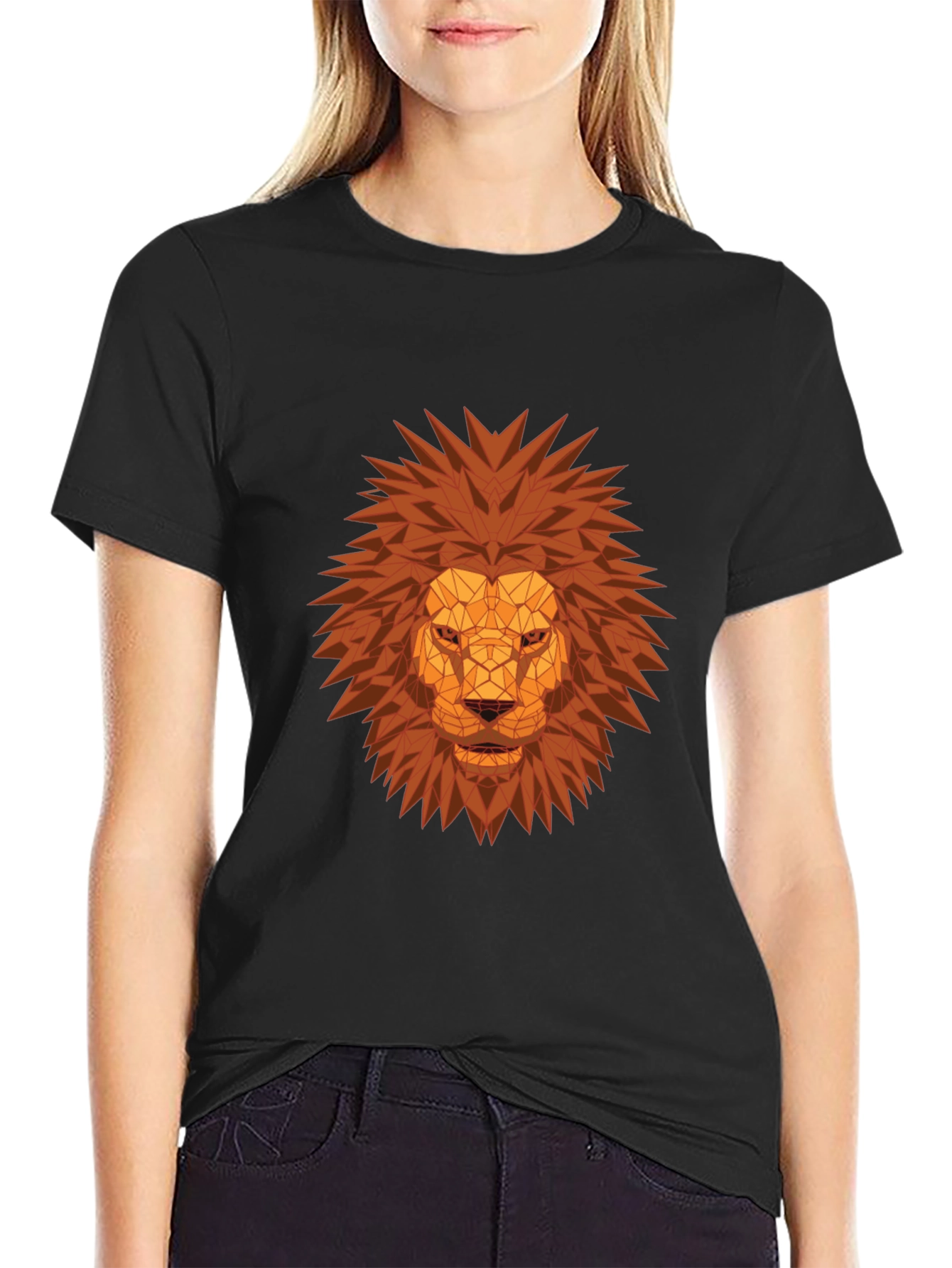 Geometric Lion Head Graphic Tee - Black
