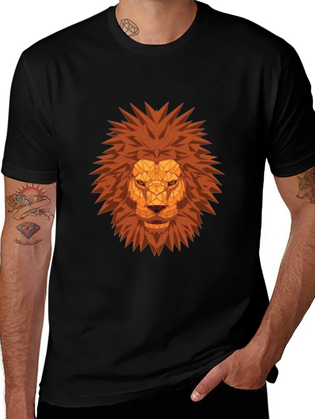 Geometric Lion Head Graphic Tee - Black