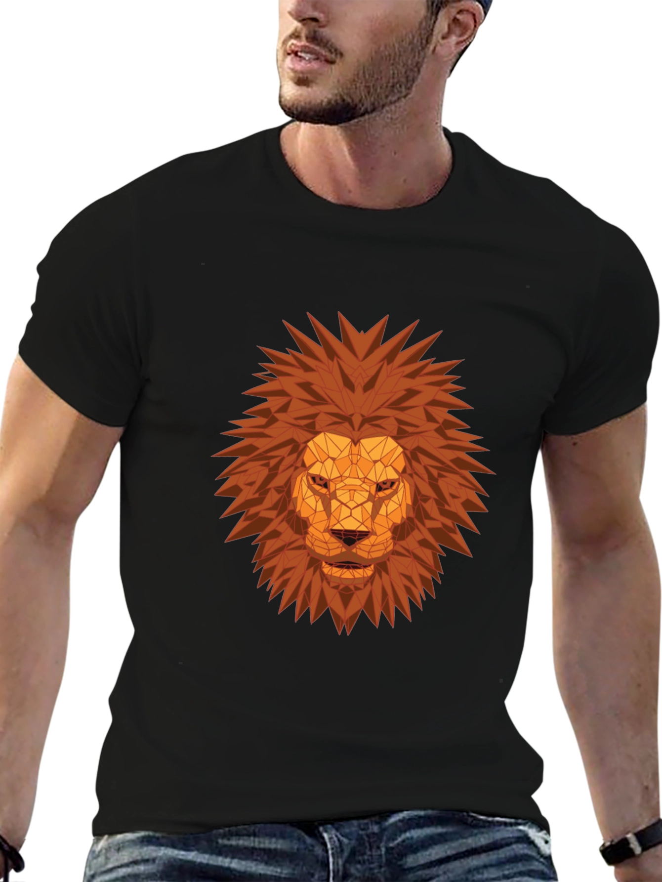 Geometric Lion Head Graphic Tee - Black
