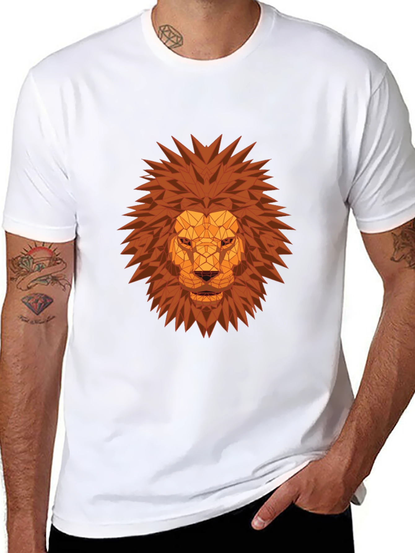 Geometric Lion Head Graphic Tee - Black