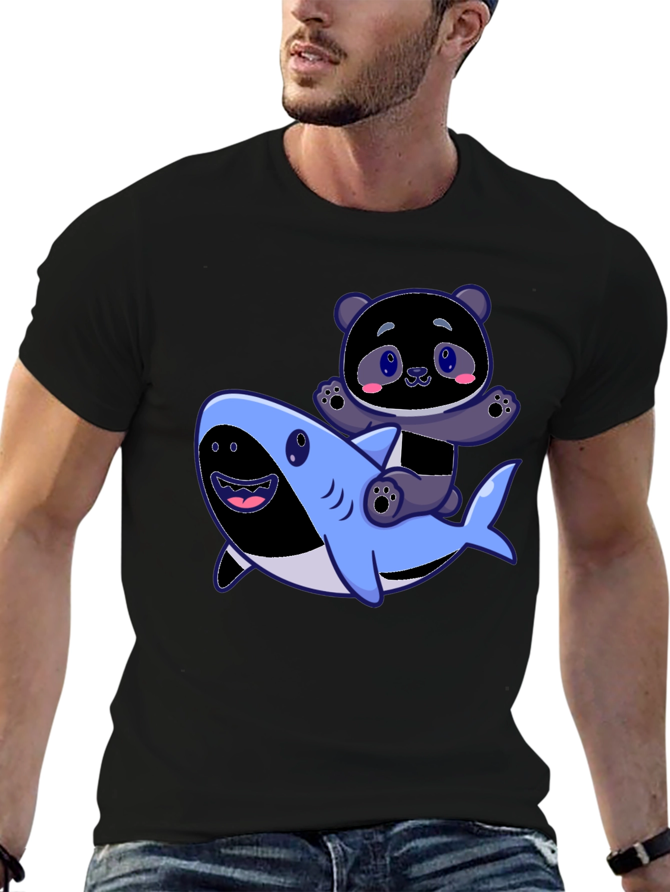 Panda Riding Shark Graphic Tee - Fun Black T-Shirt