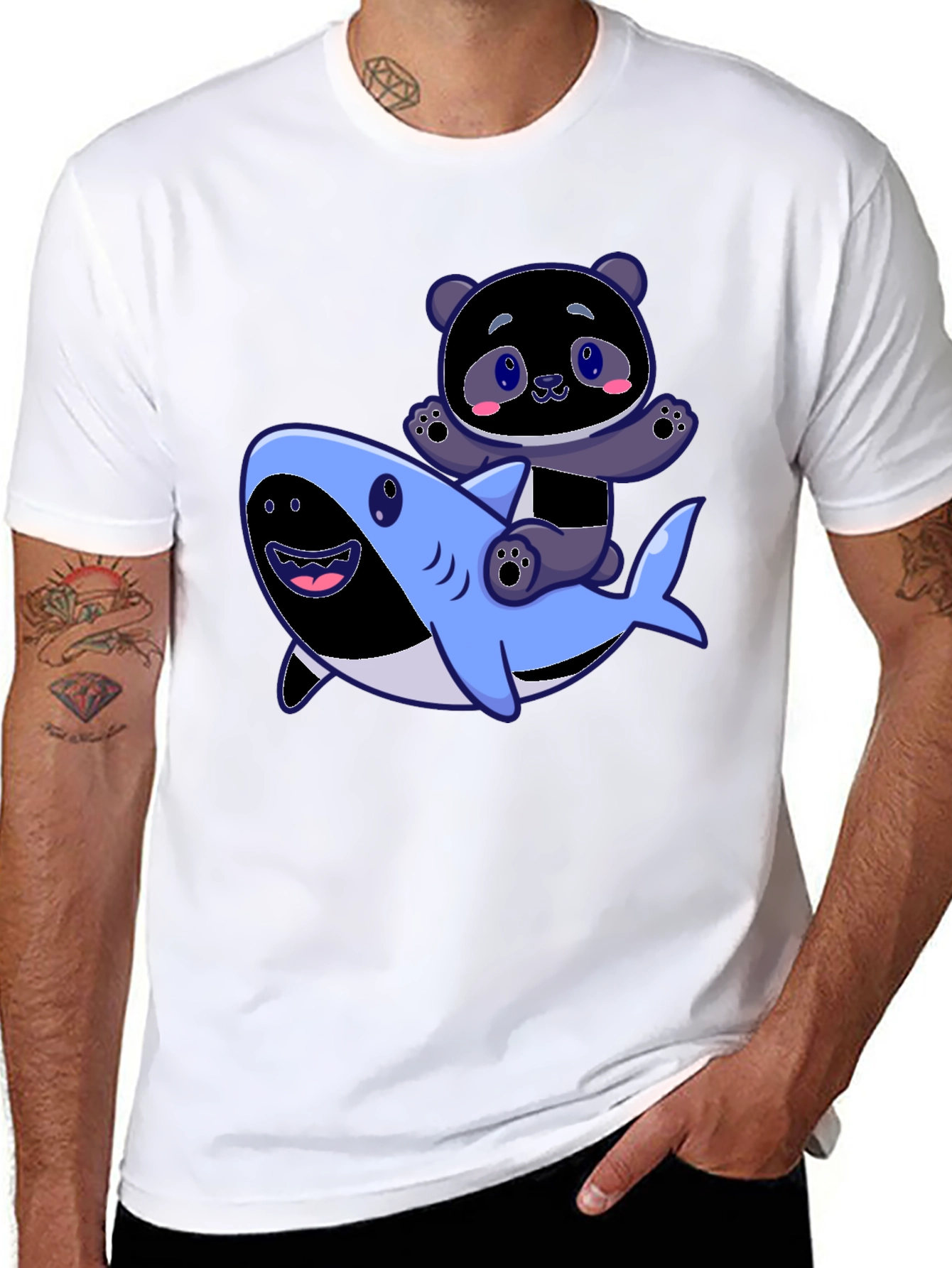 Panda Riding Shark Graphic Tee - Fun Black T-Shirt