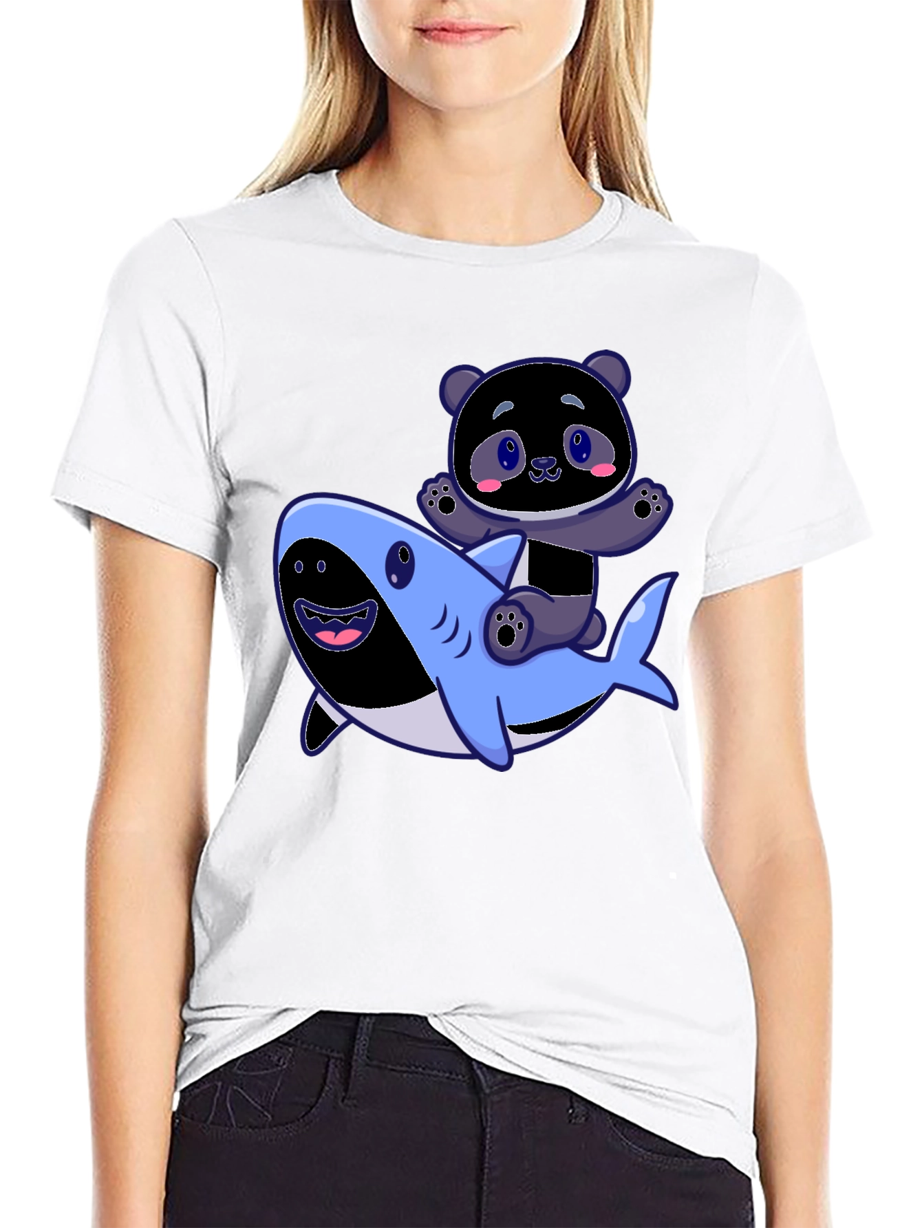 Panda Riding Shark Graphic Tee - Fun Black T-Shirt