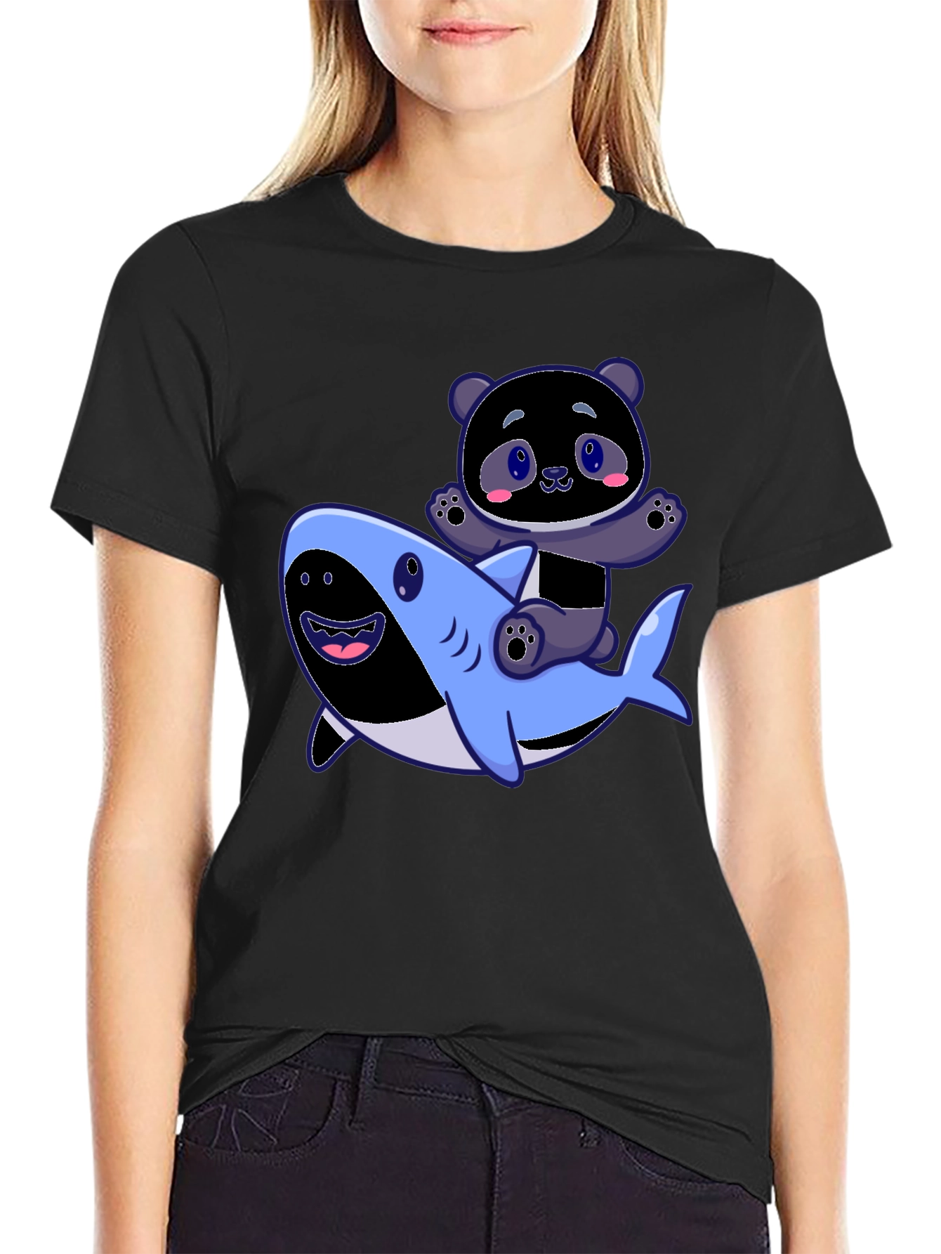 Panda Riding Shark Graphic Tee - Fun Black T-Shirt