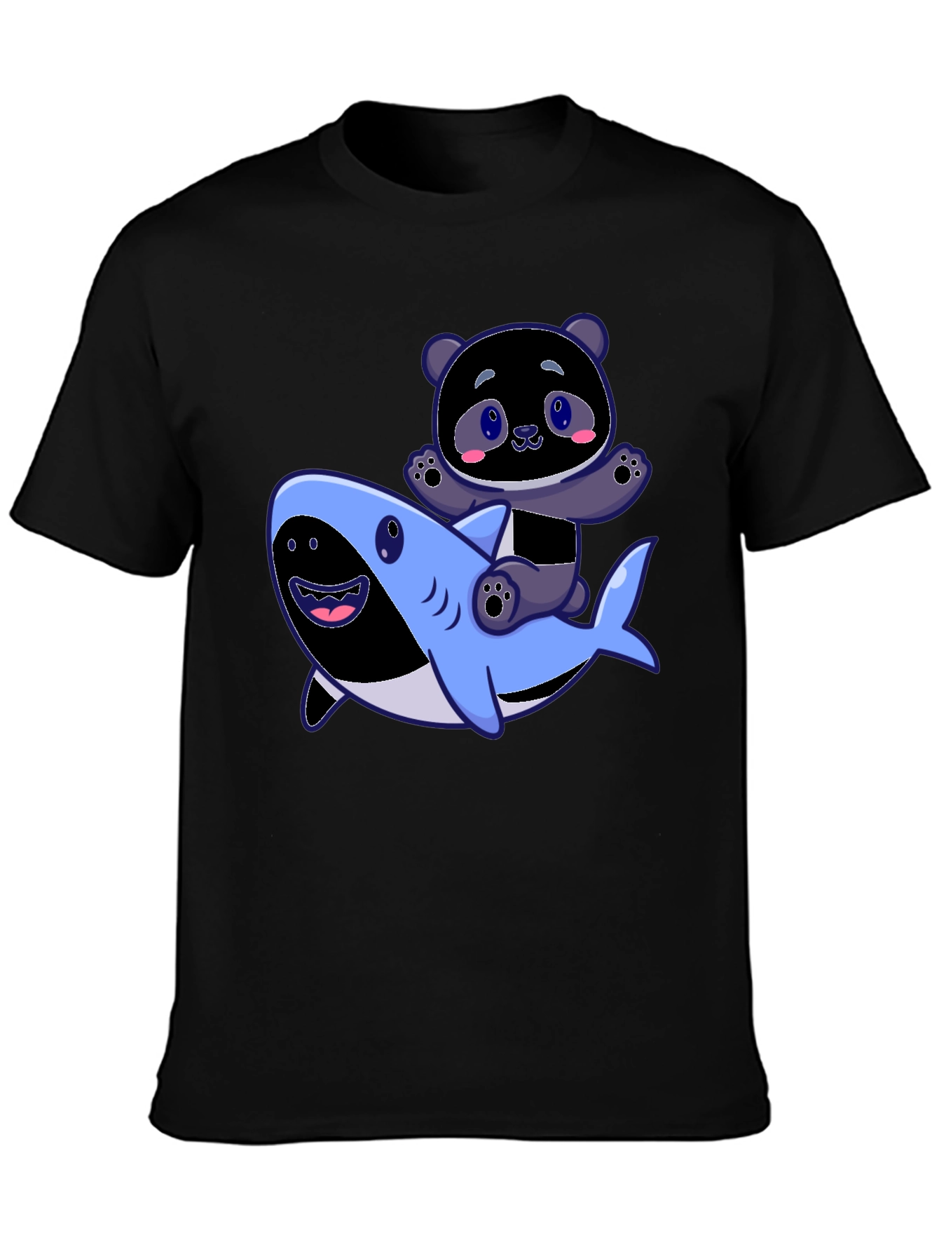 Panda Riding Shark Graphic Tee - Fun Black T-Shirt
