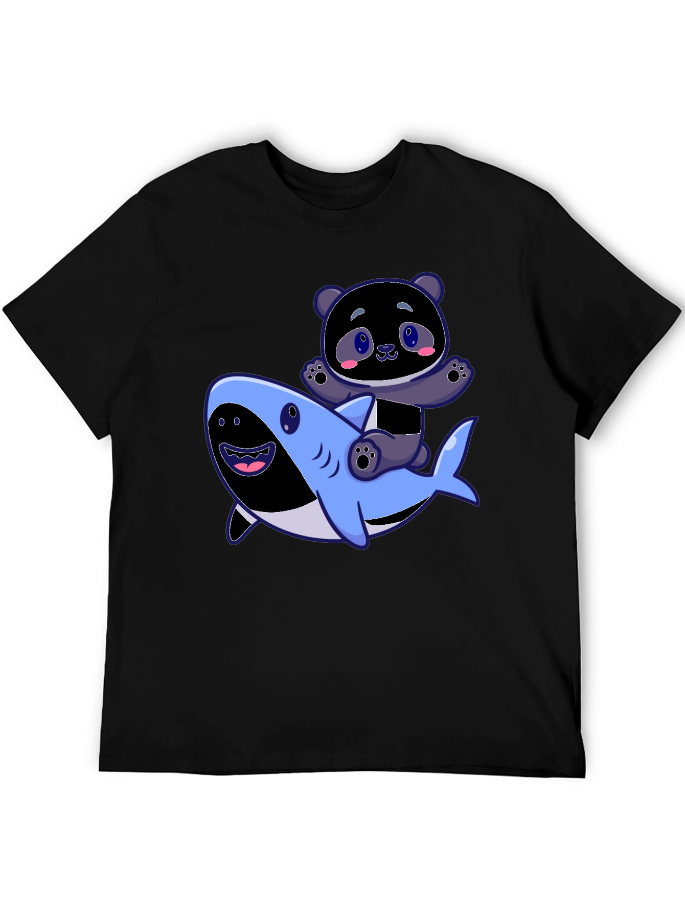 Panda Riding Shark Graphic Tee - Fun Black T-Shirt