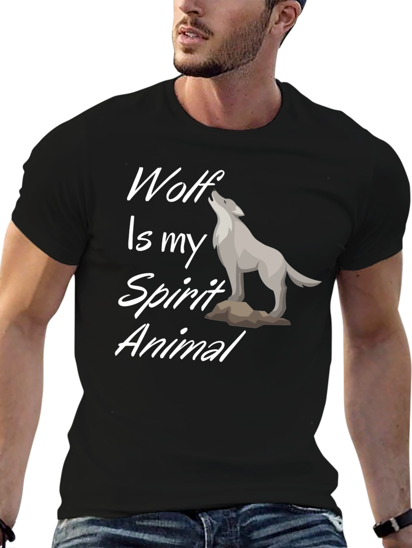 Wolf Spirit Animal Graphic Tee - Black Cotton T-Shirt