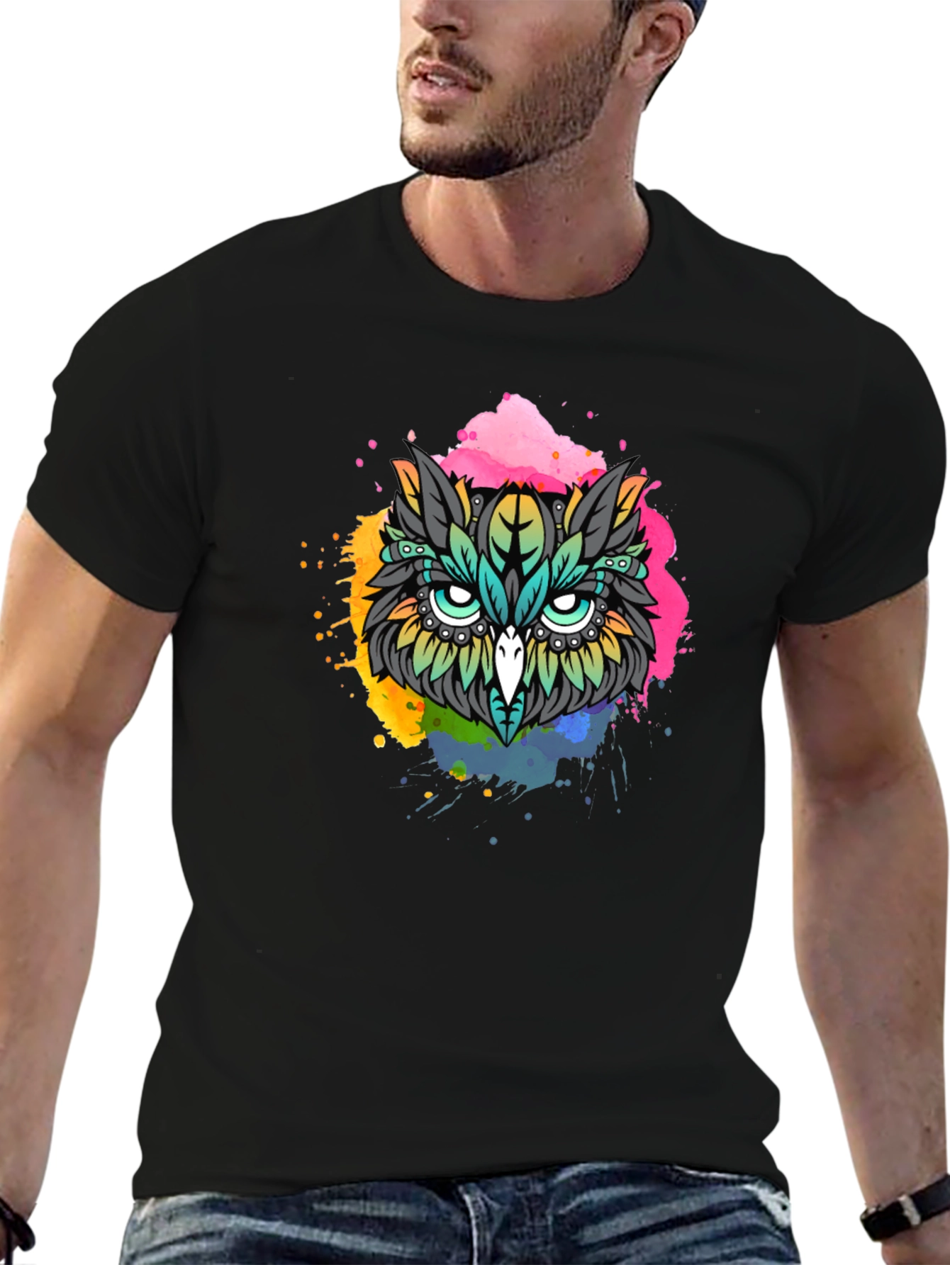 Vibrant Owl Graphic T-Shirt - Black