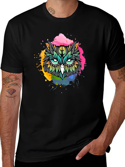 Vibrant Owl Graphic T-Shirt - Black
