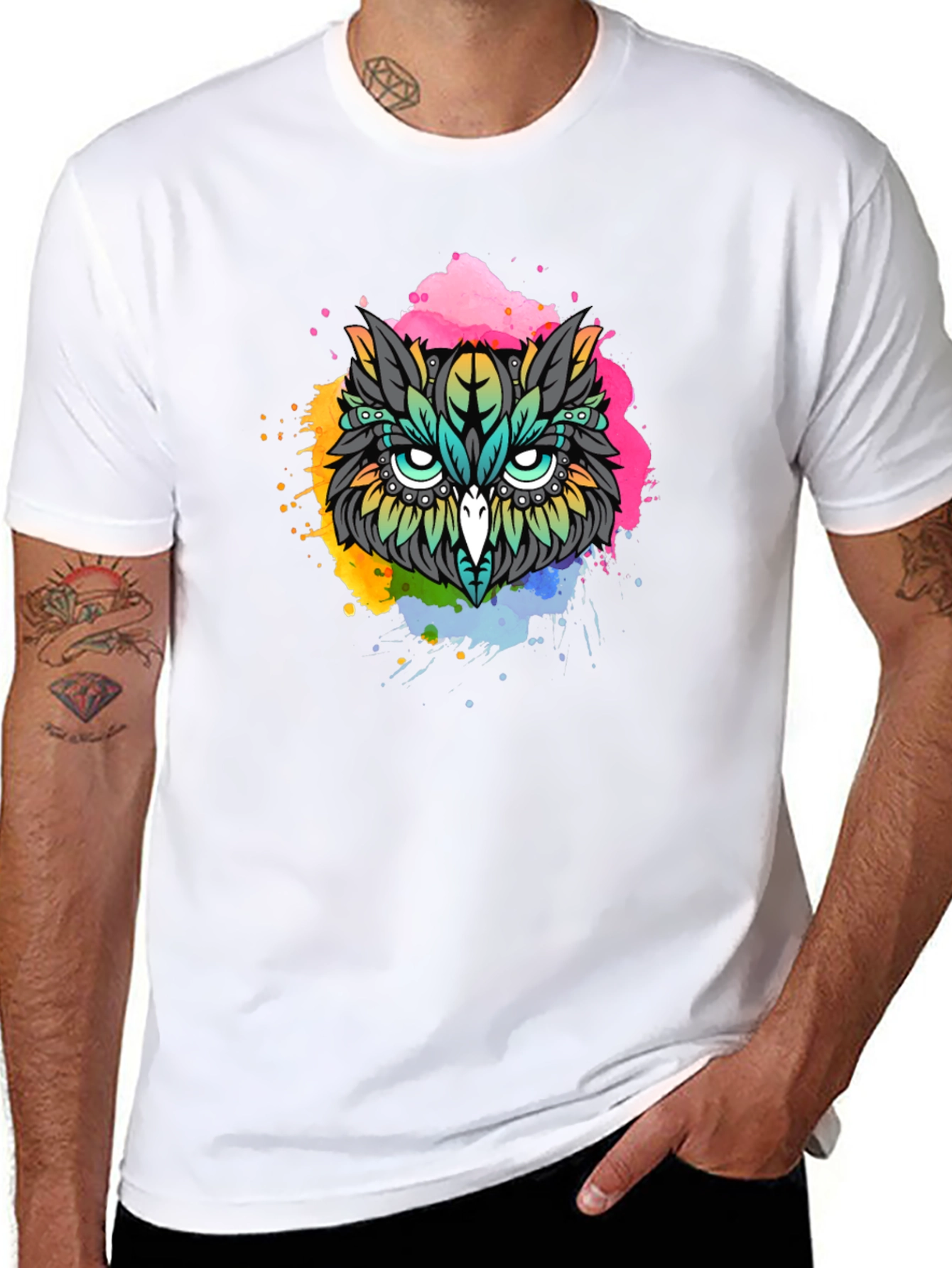 Vibrant Owl Graphic T-Shirt - Black