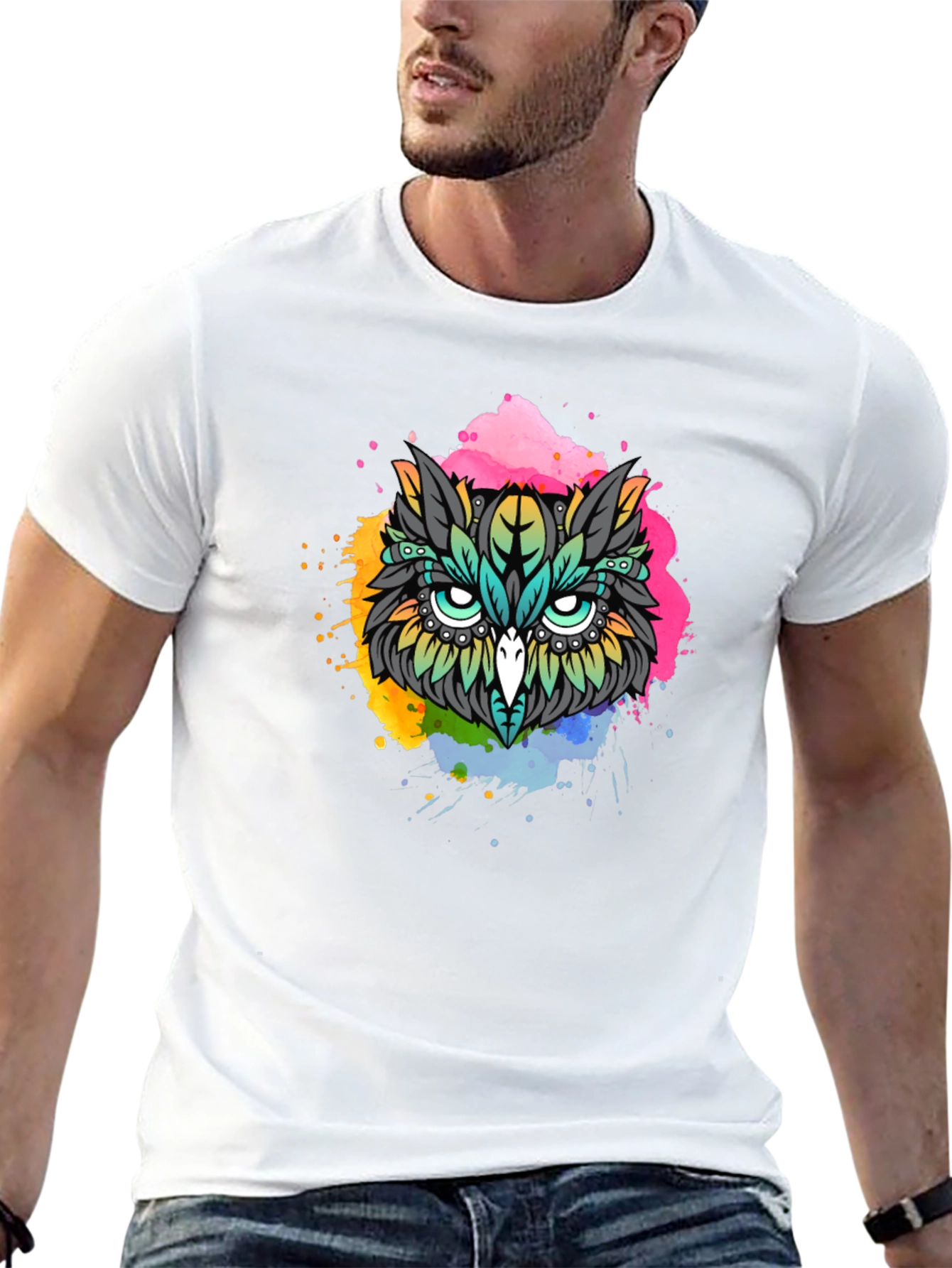 Vibrant Owl Graphic T-Shirt - Black