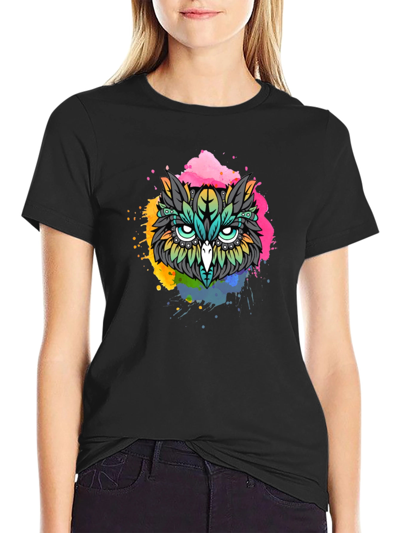 Vibrant Owl Graphic T-Shirt - Black