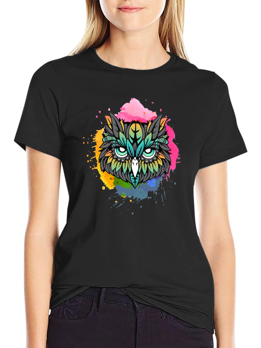 Vibrant Owl Graphic T-Shirt - Black