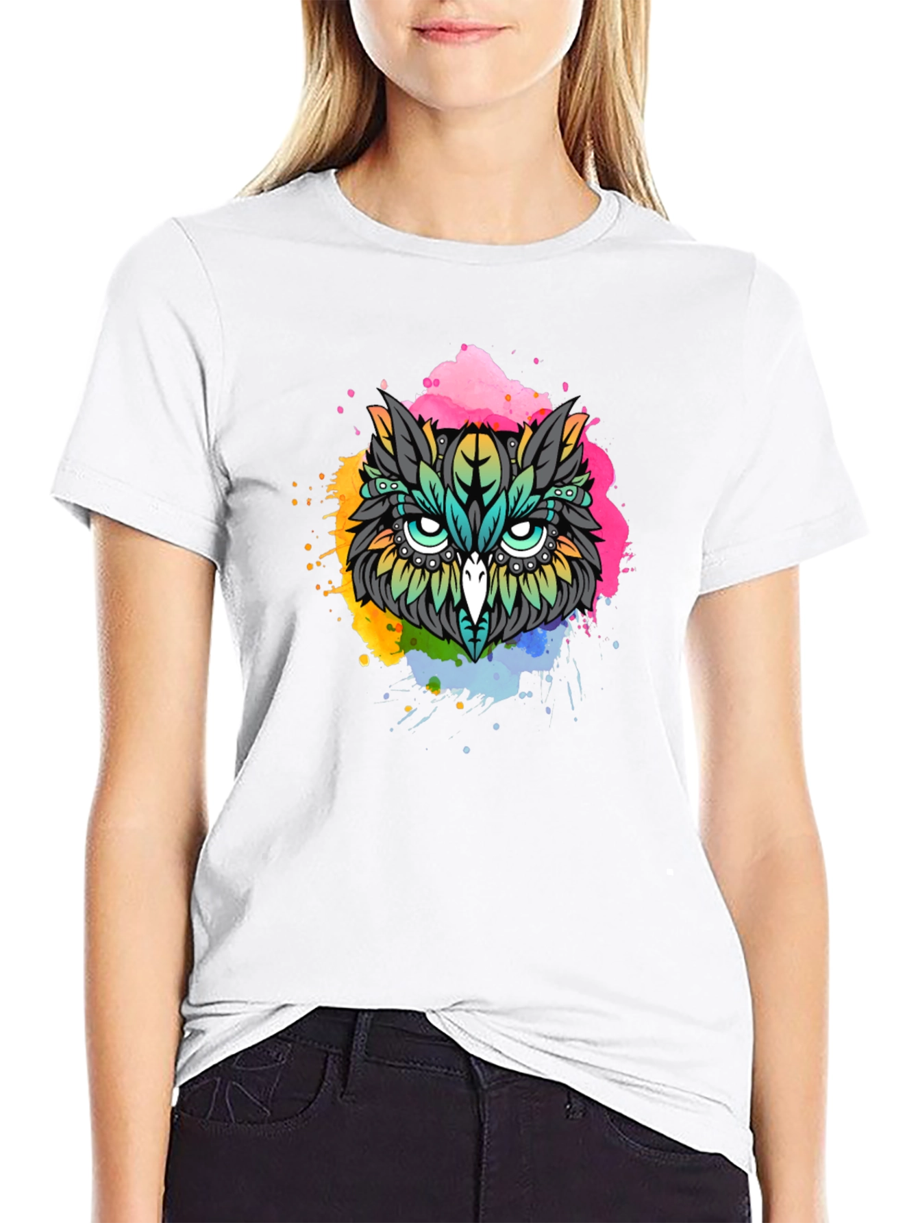 Vibrant Owl Graphic T-Shirt - Black
