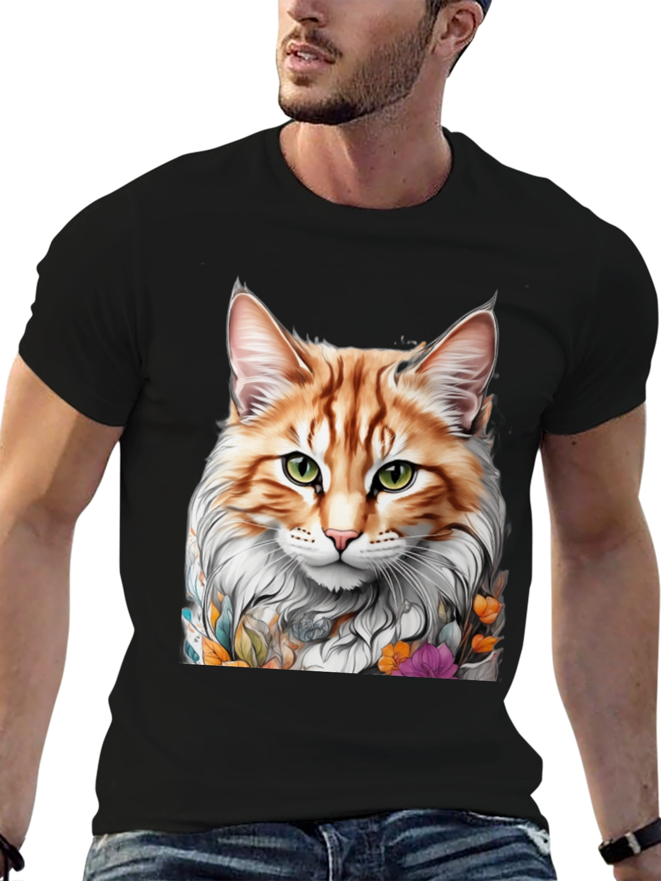 Cat Portrait T-Shirt - Whimsical Floral Feline