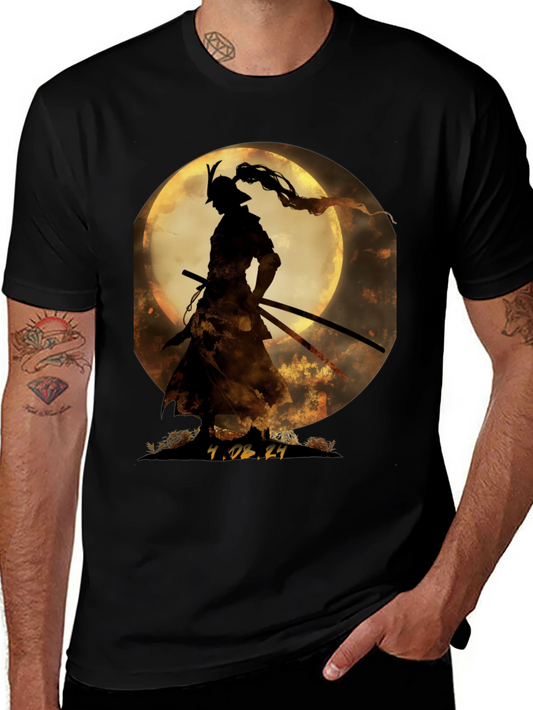Samurai Moon Graphic Tee - Unique Japanese Warrior T-Shirt