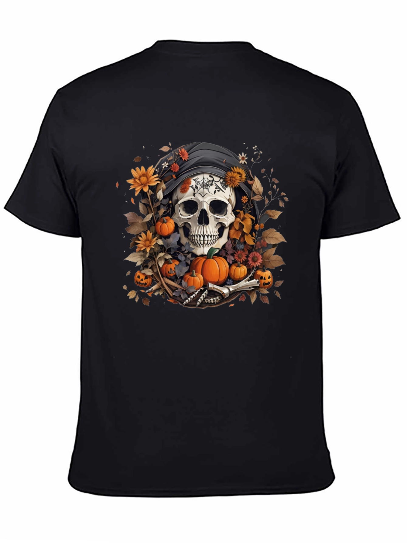 Halloween Skull T-Shirt: Floral Pumpkin Reaper Design