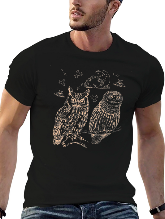 Two Owls Graphic Print Black T-Shirt