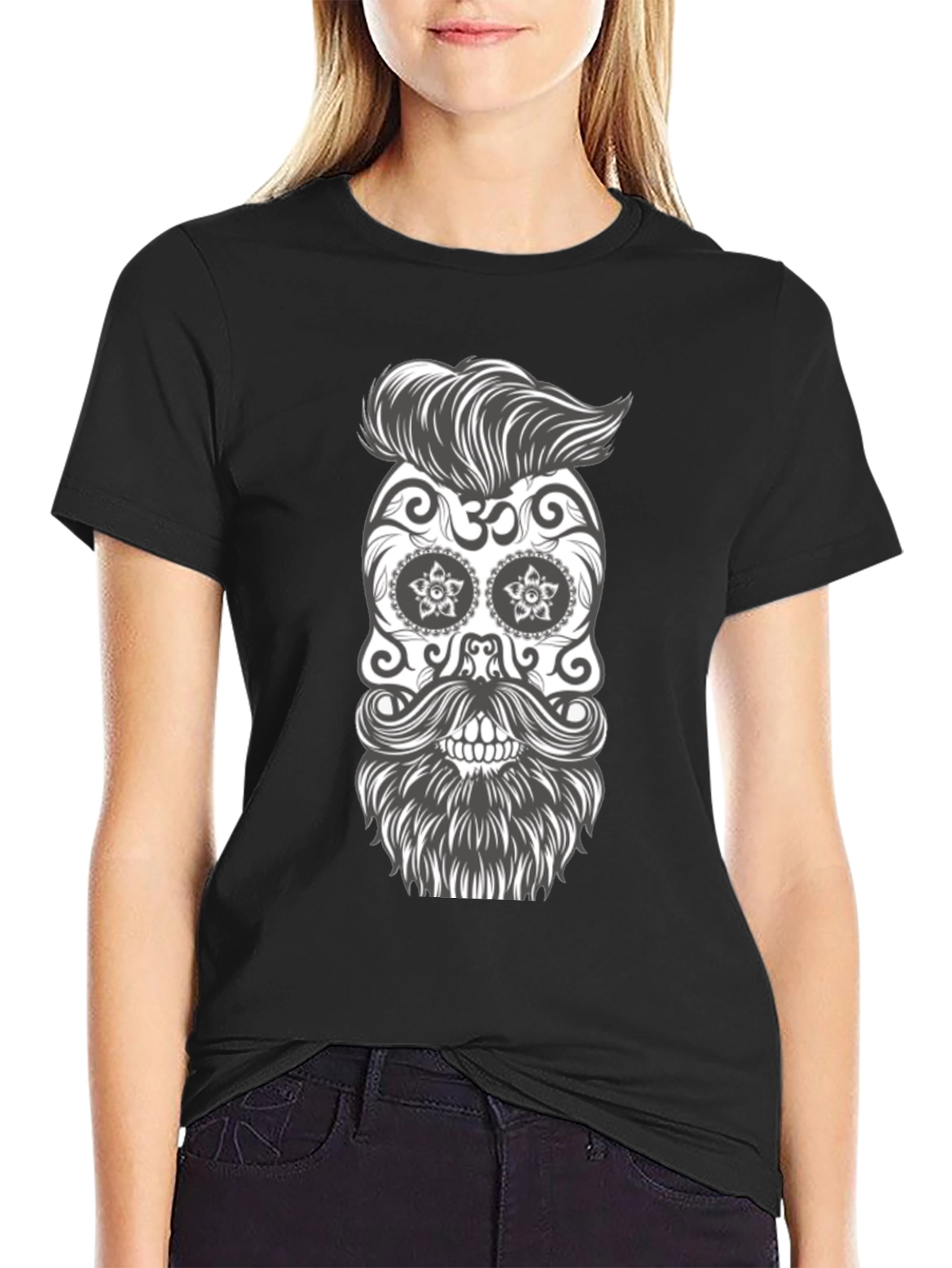 Sugar Skull Beard Graphic Tee - Black Cotton T-Shirt