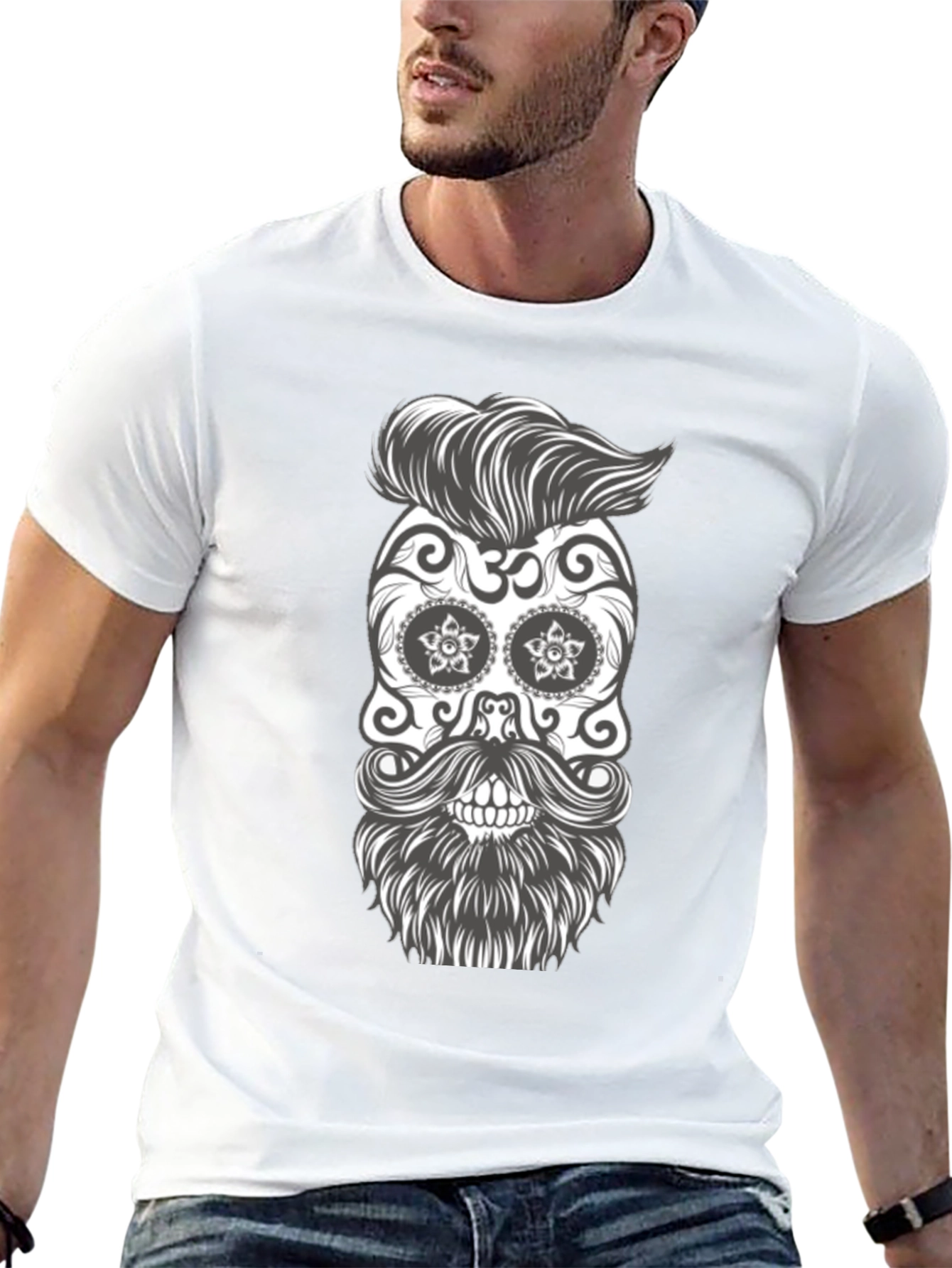 Sugar Skull Beard Graphic Tee - Black Cotton T-Shirt
