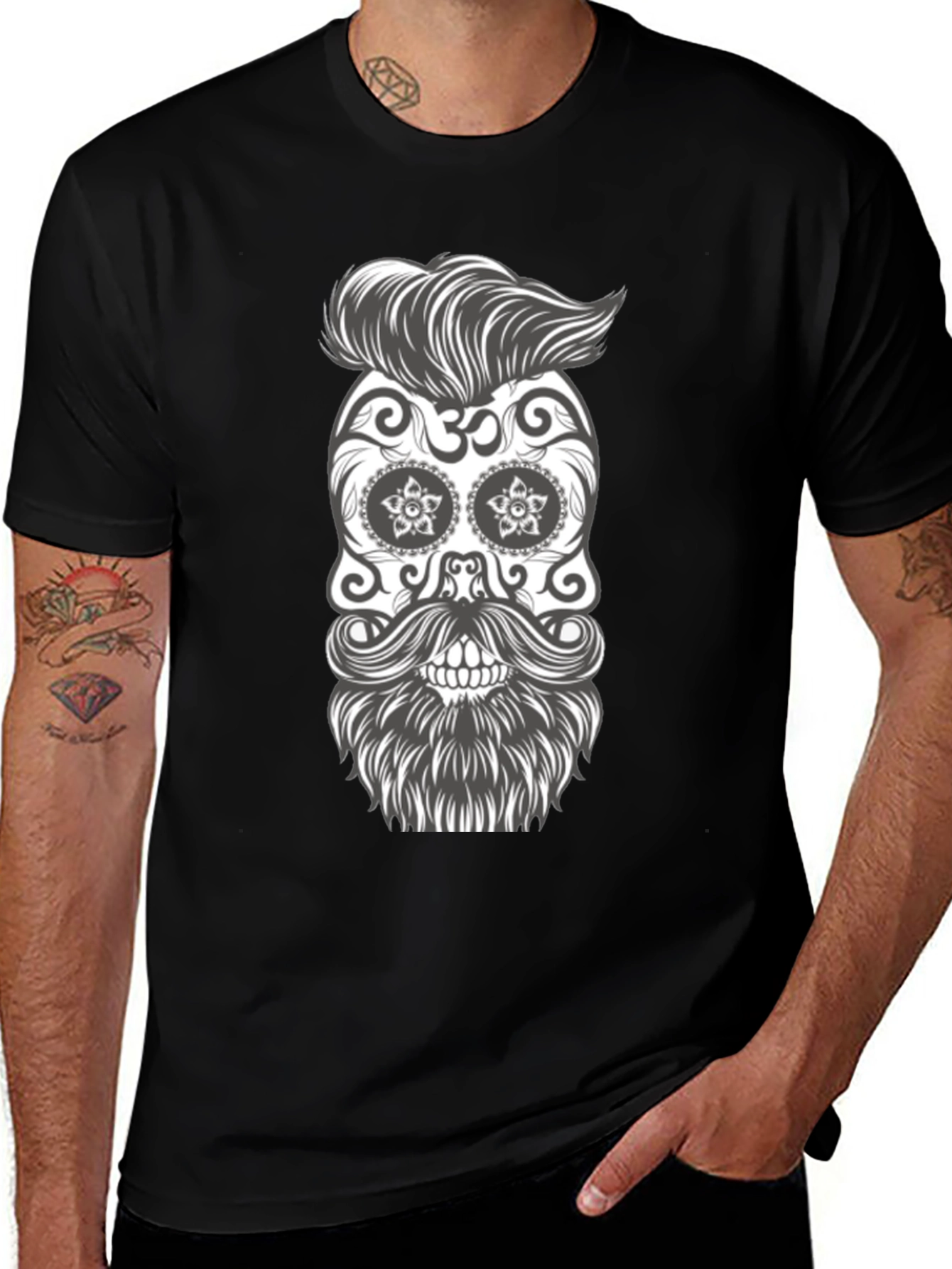 Sugar Skull Beard Graphic Tee - Black Cotton T-Shirt