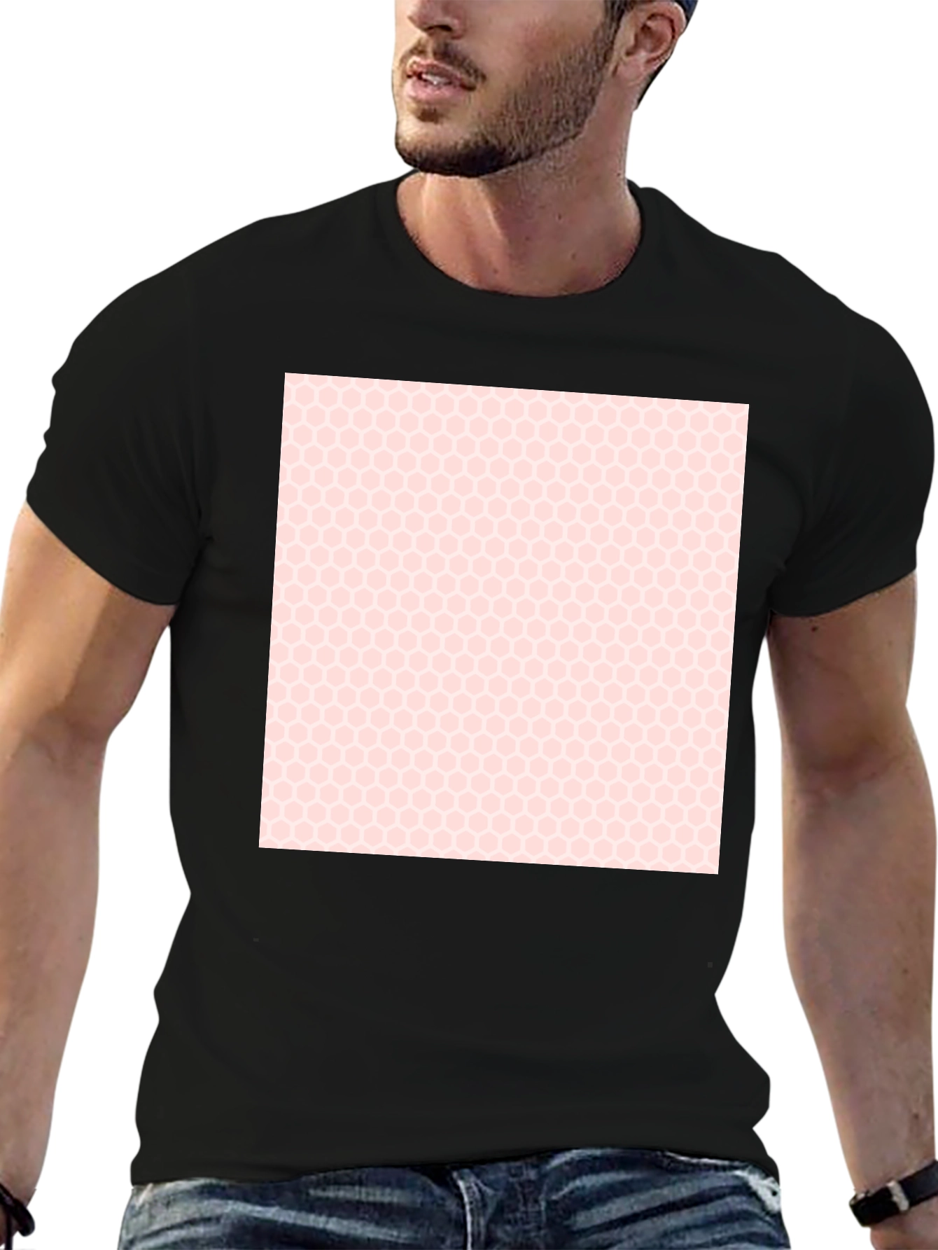 Mens Black T-Shirt with Honeycomb Pattern