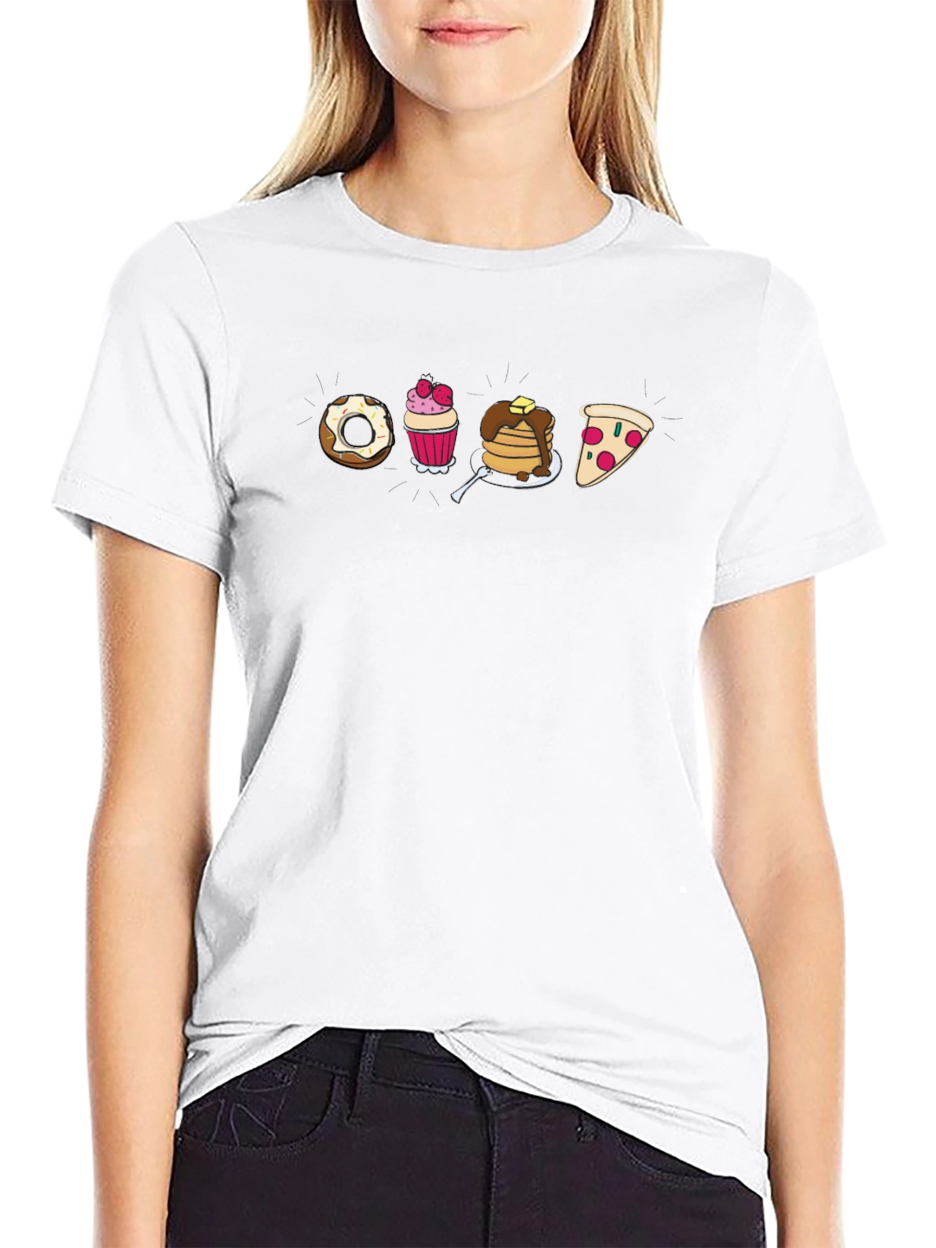 Cartoon Food T-Shirt: Donut Cupcake Pancakes Pizza
