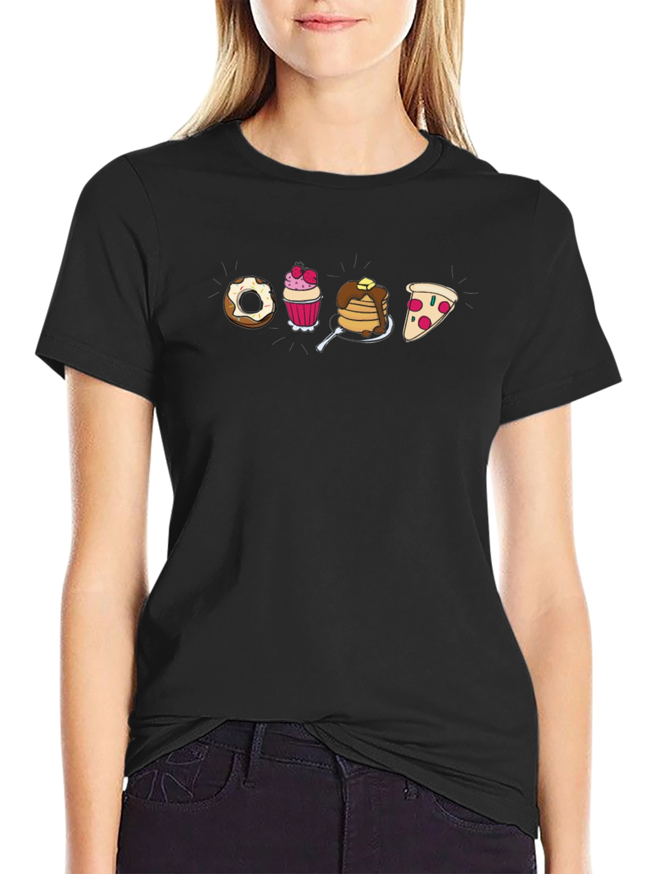 Cartoon Food T-Shirt: Donut Cupcake Pancakes Pizza