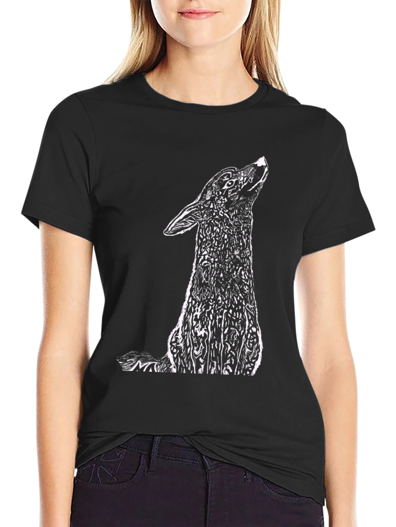 Black T-Shirt with Howling Wolf Graphic