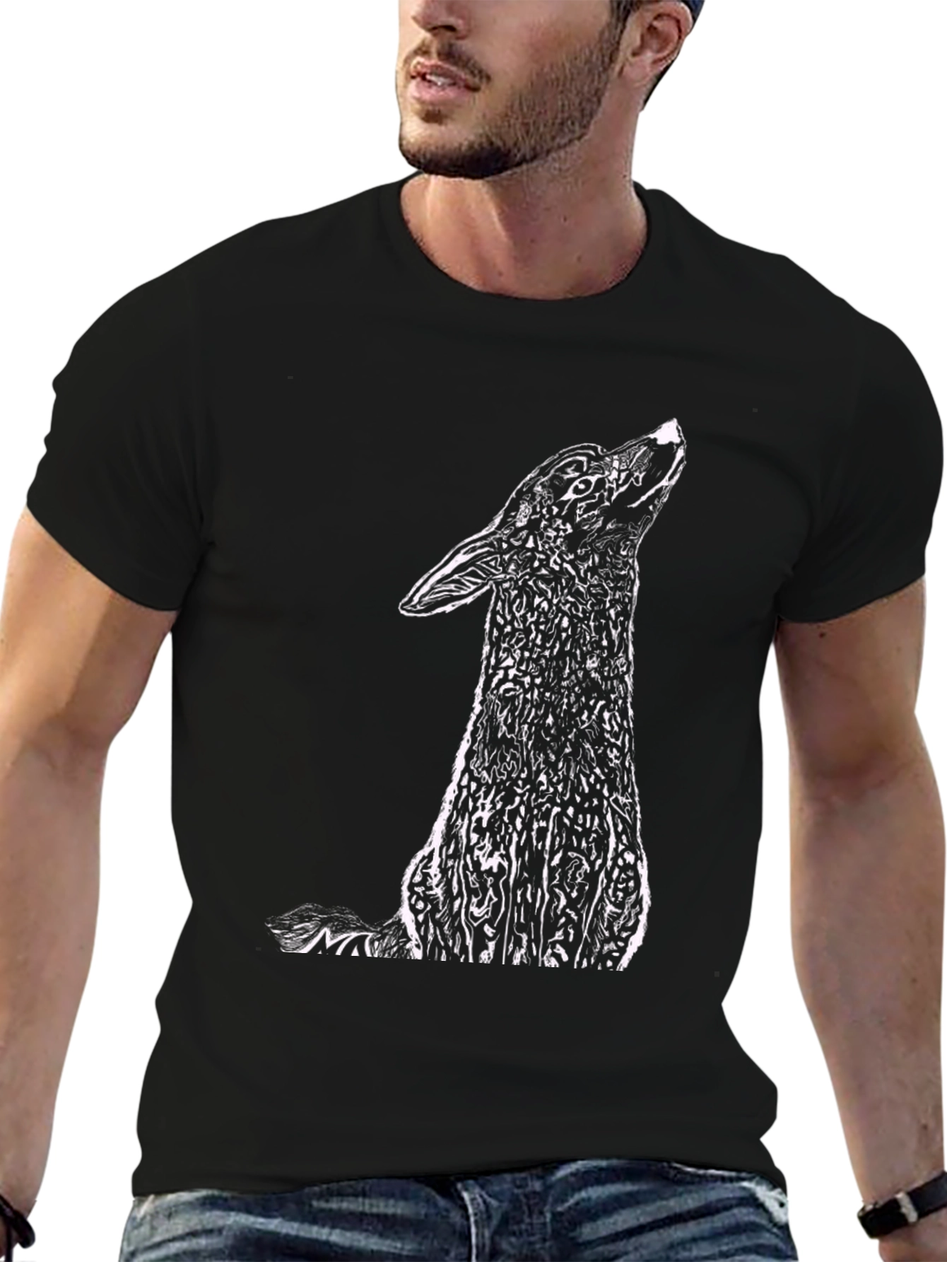 Black T-Shirt with Howling Wolf Graphic