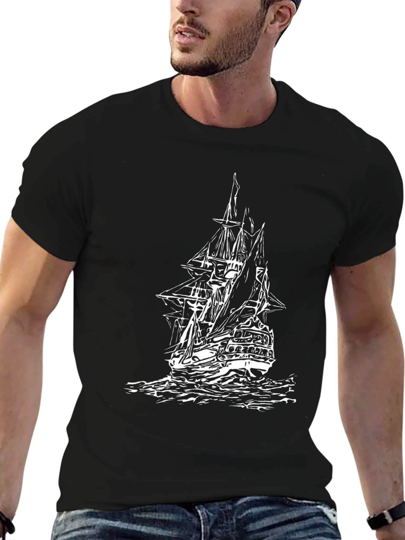 Black T-Shirt with Sailing Ship Print