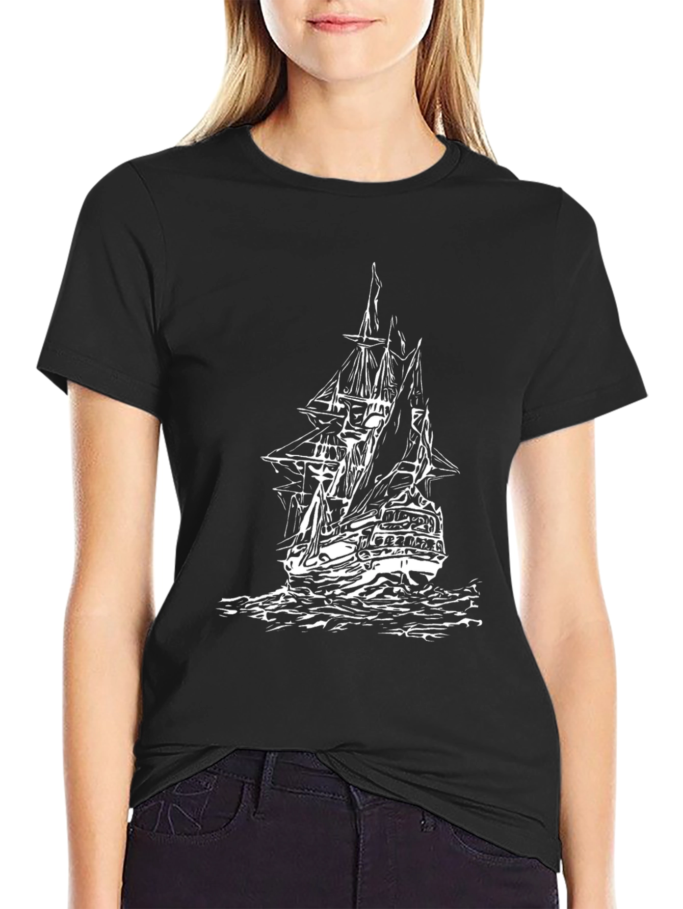 Black T-Shirt with Sailing Ship Print