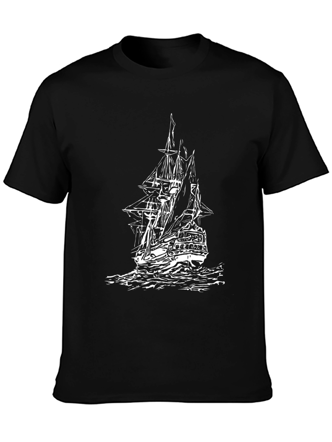 Black T-Shirt with Sailing Ship Print