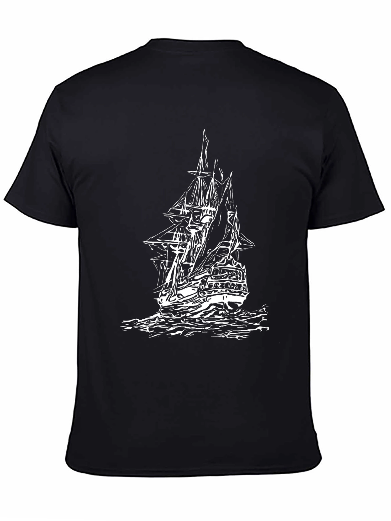 Black T-Shirt with Sailing Ship Print
