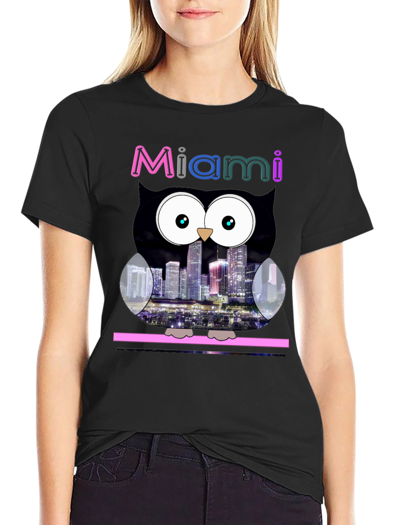 Miami Owl Graphic Tee - City Skyline Design