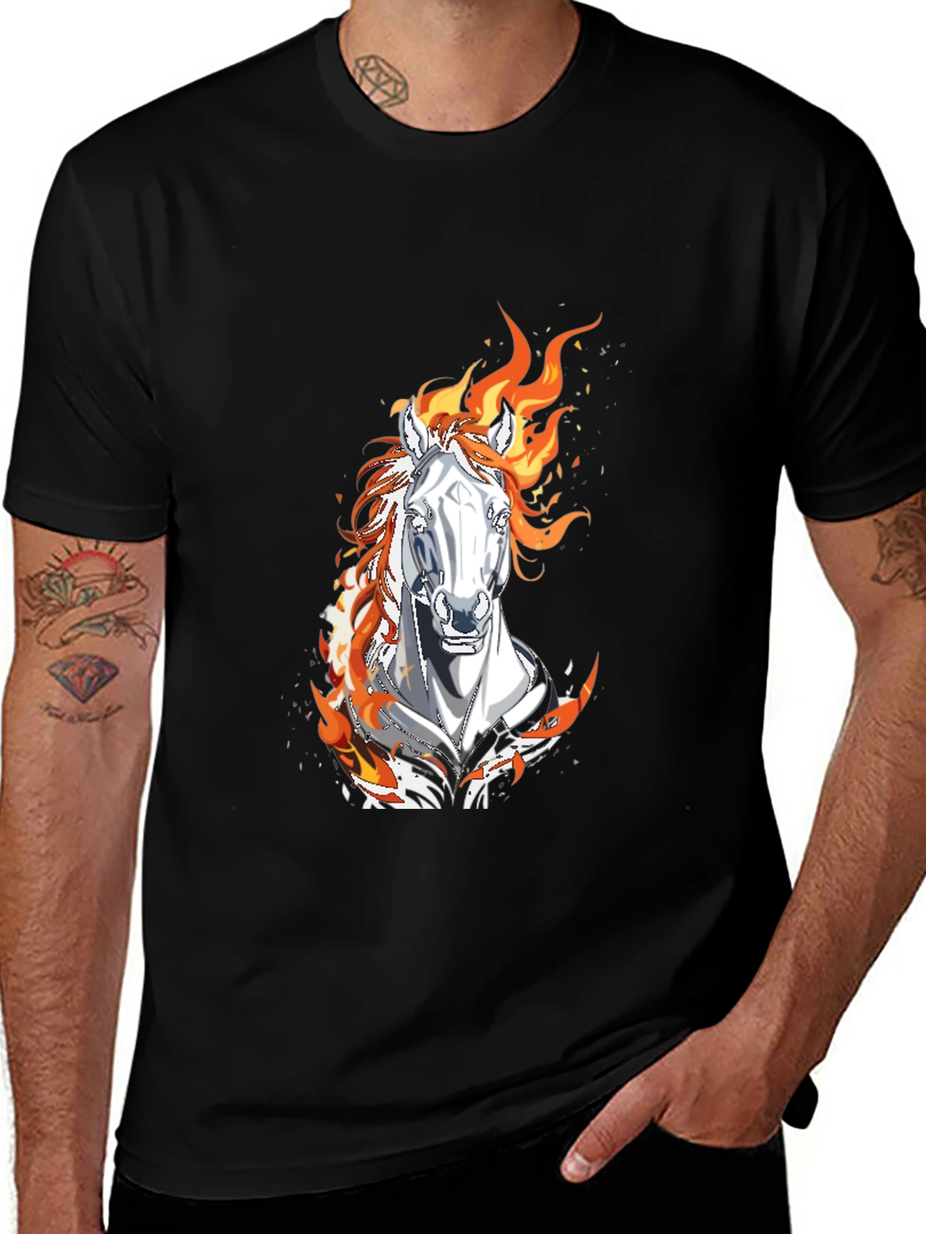 Flaming Horse Graphic Tee - Black Cotton Blend