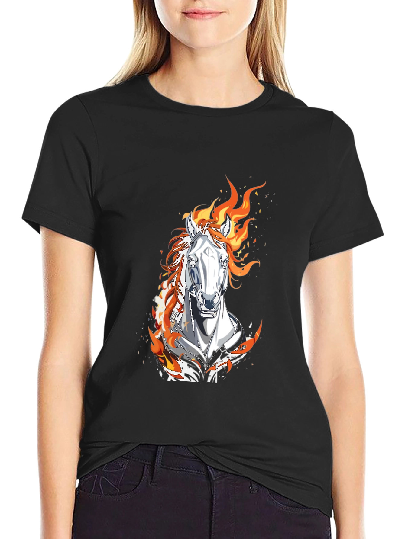 Flaming Horse Graphic Tee - Black Cotton Blend