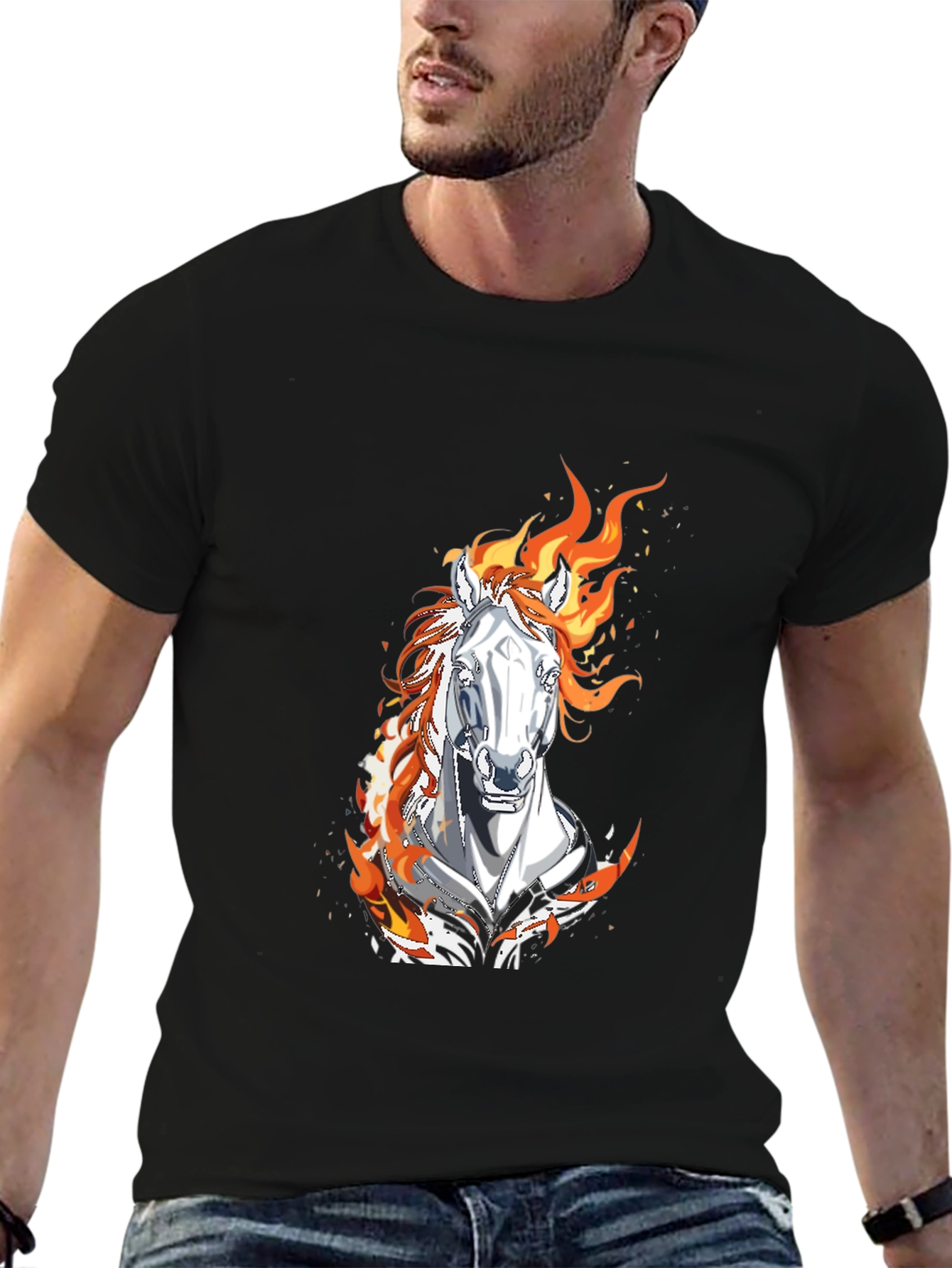 Flaming Horse Graphic Tee - Black Cotton Blend