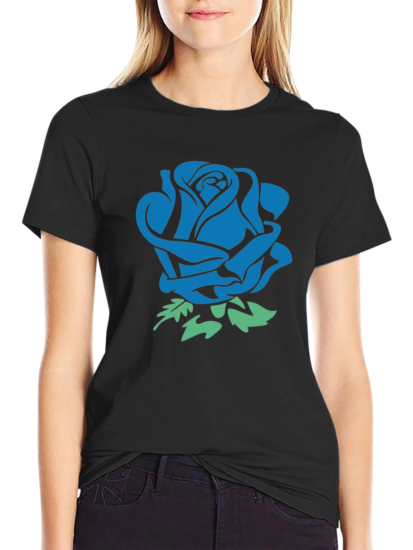 Blue Rose Graphic Black T-Shirt