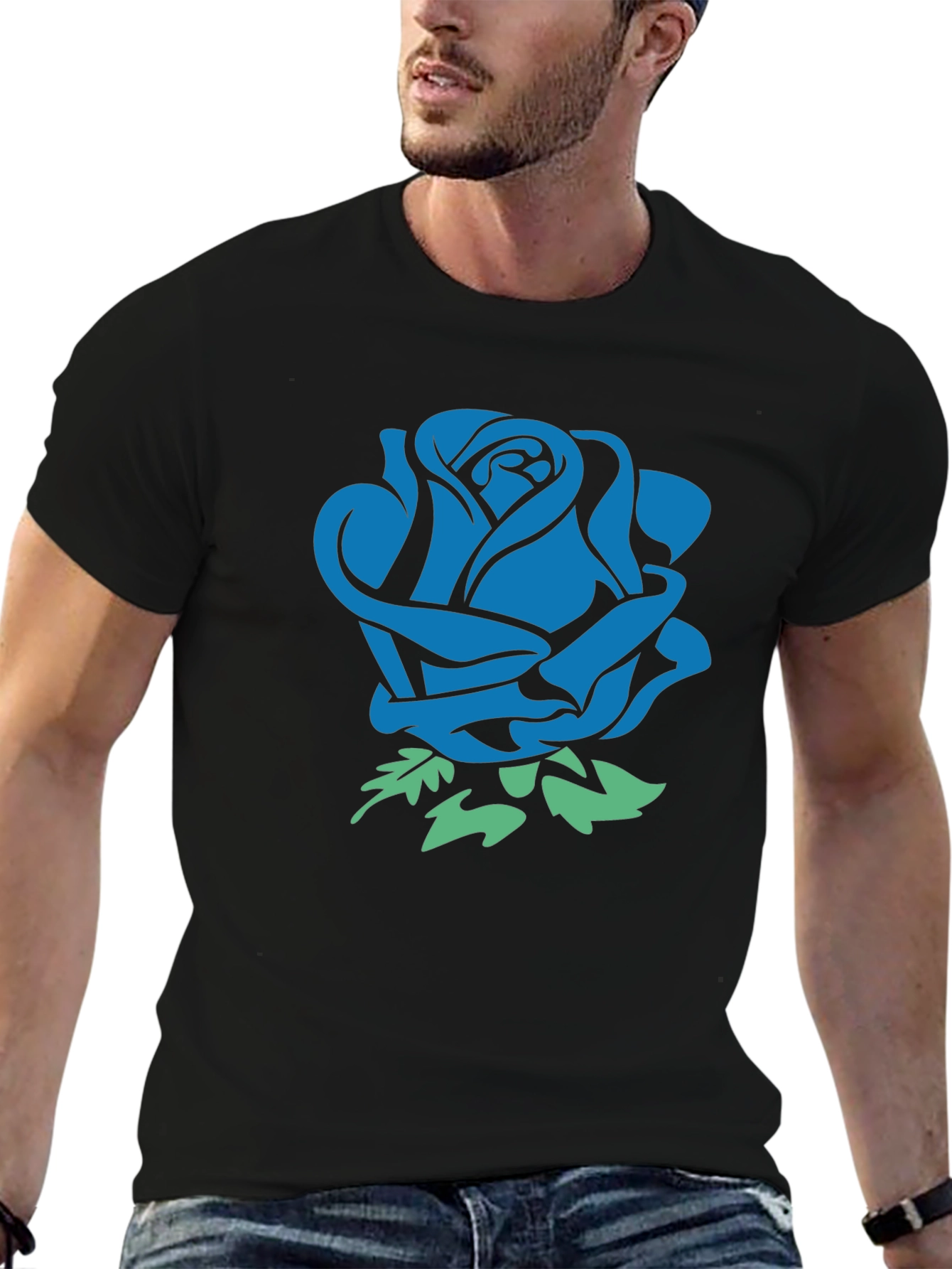 Blue Rose Graphic Black T-Shirt