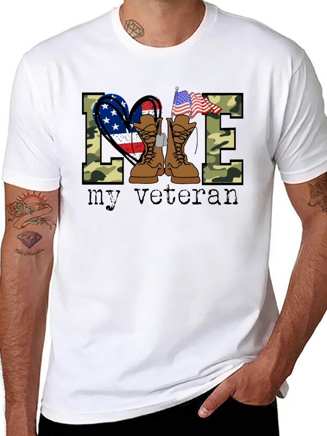 Love My Veteran T-Shirt Camo Boots Patriotic Design