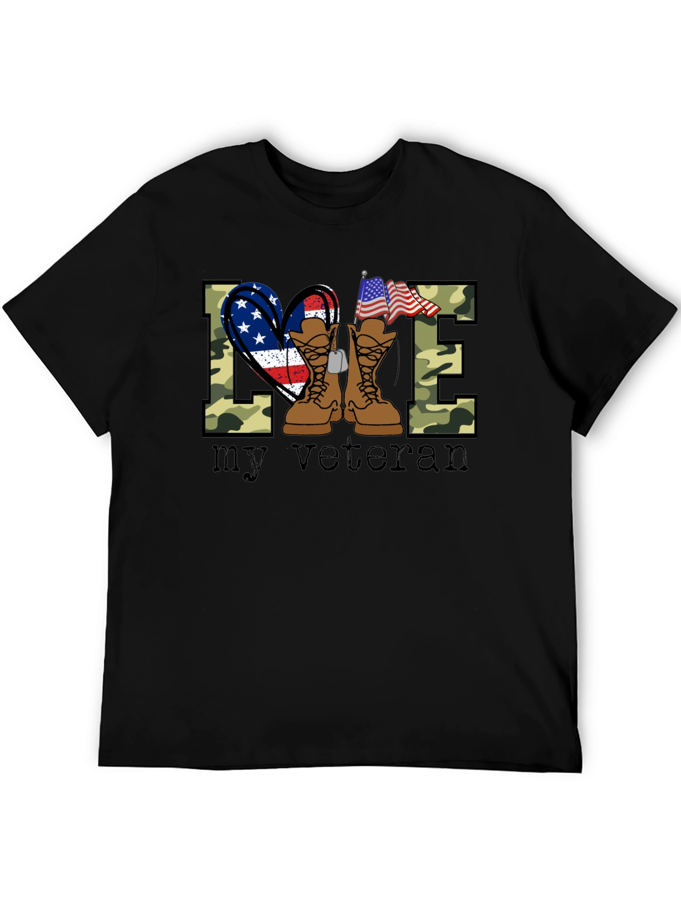 Love My Veteran T-Shirt Camo Boots Patriotic Design
