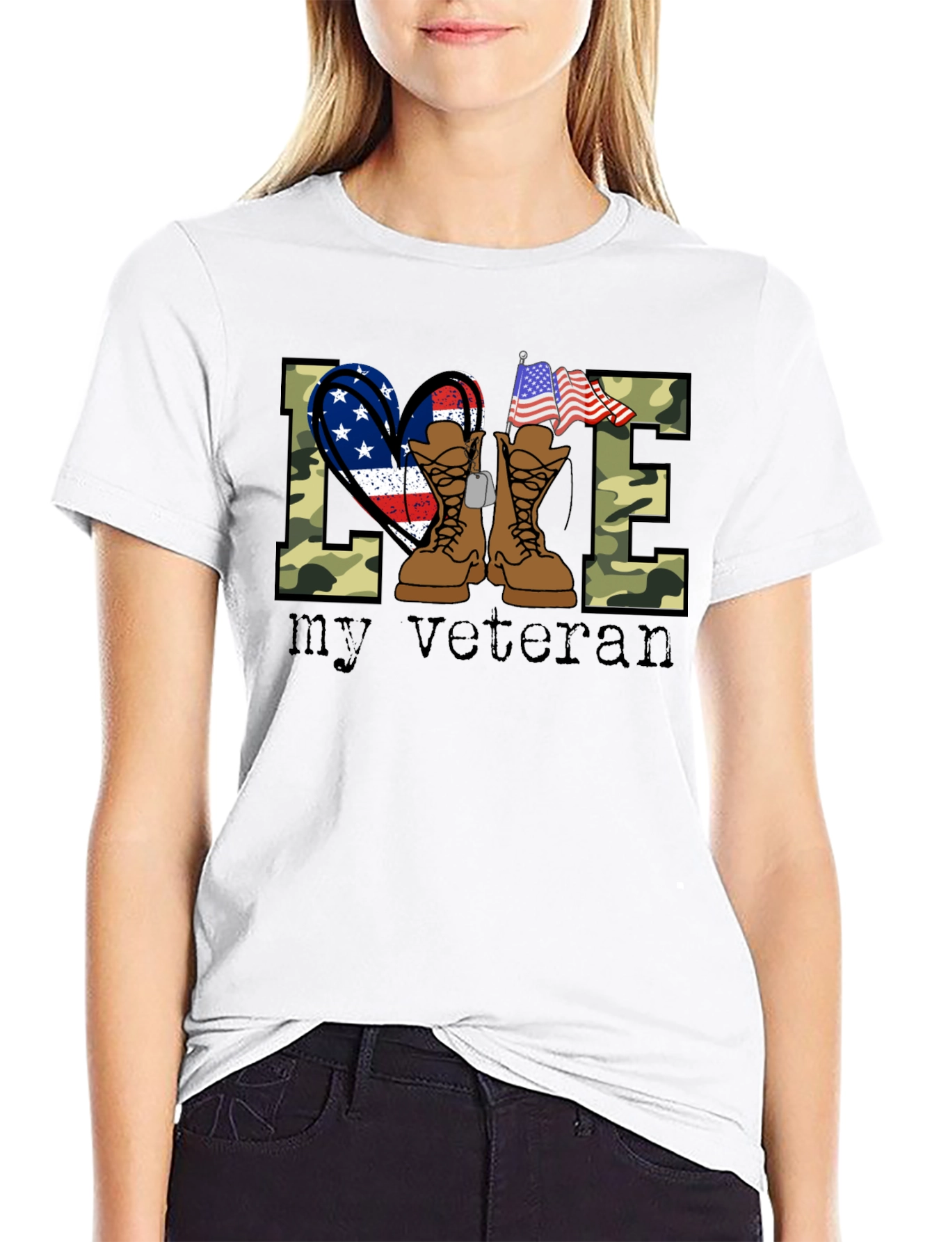 Love My Veteran T-Shirt Camo Boots Patriotic Design